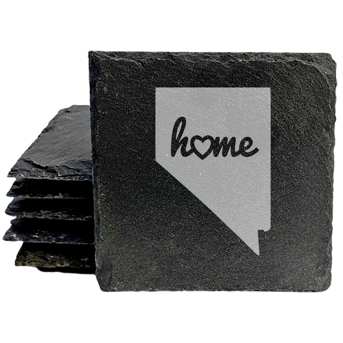 Rustic Slate Coasters Set of 4, Round 4" with Nevada 'Home' Heart Design, Perfect for Holidays, Birthdays, Housewarming Gifts, She-Shed or Man Cave, Made in Oregon, USA, Natural Chipped Edge
