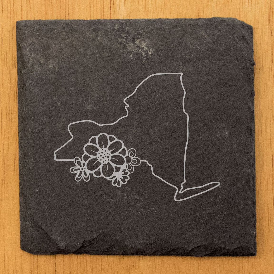 Rustic Slate Coasters Set of 4 - Laser Etched New York State Design w/ Flower - Perfect Gift for Holidays, Birthdays, Housewarming - 4" Round/Square - Made in Oregon, USA - Natural Chipped Edge