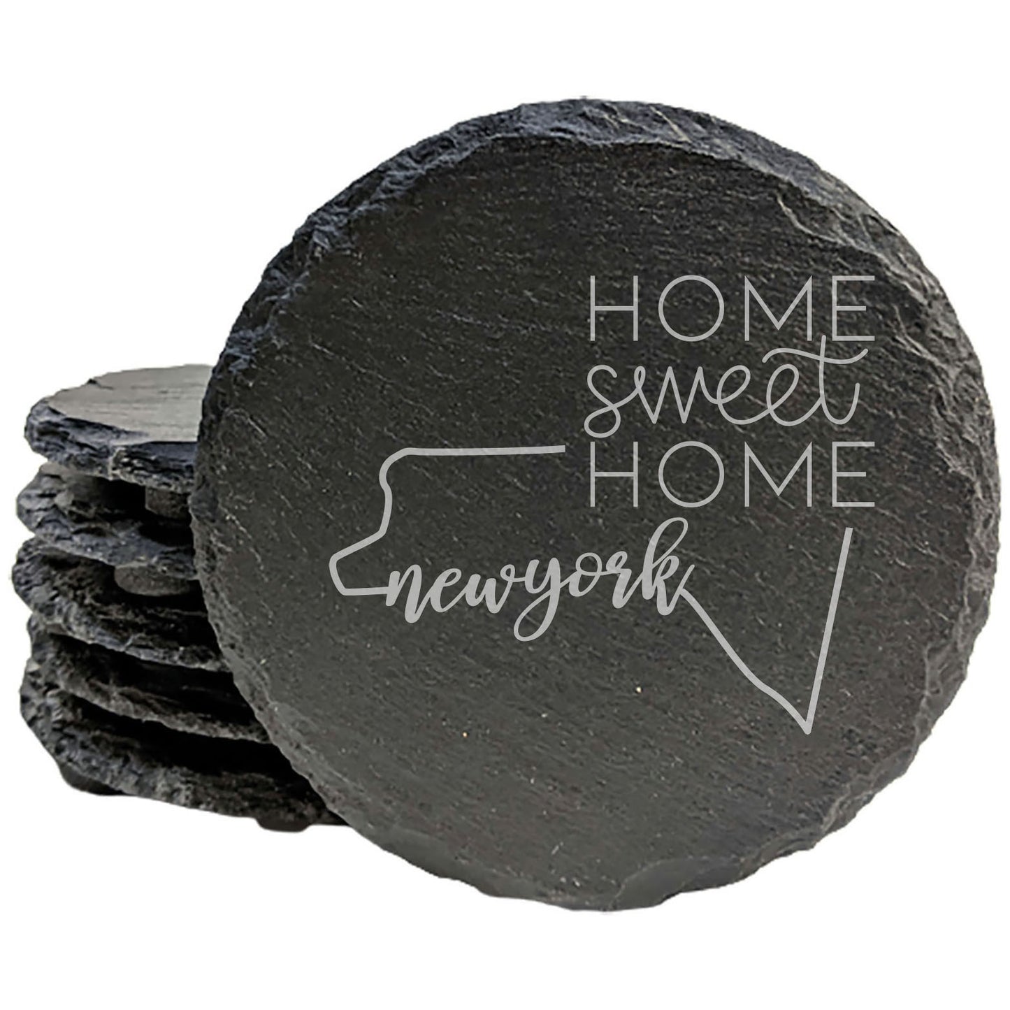 Rustic Slate Coasters Set of 4, Round 4" with New York State Design, 'Home Sweet Home' Laser Etched, Perfect Gift for Holidays, Birthdays, Housewarming, Made in Oregon, USA, Natural Chipped Edge