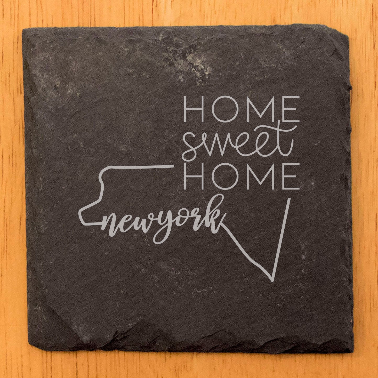 Rustic Slate Coasters Set of 4, Round 4" with New York State Design, 'Home Sweet Home' Laser Etched, Perfect Gift for Holidays, Birthdays, Housewarming, Made in Oregon, USA, Natural Chipped Edge