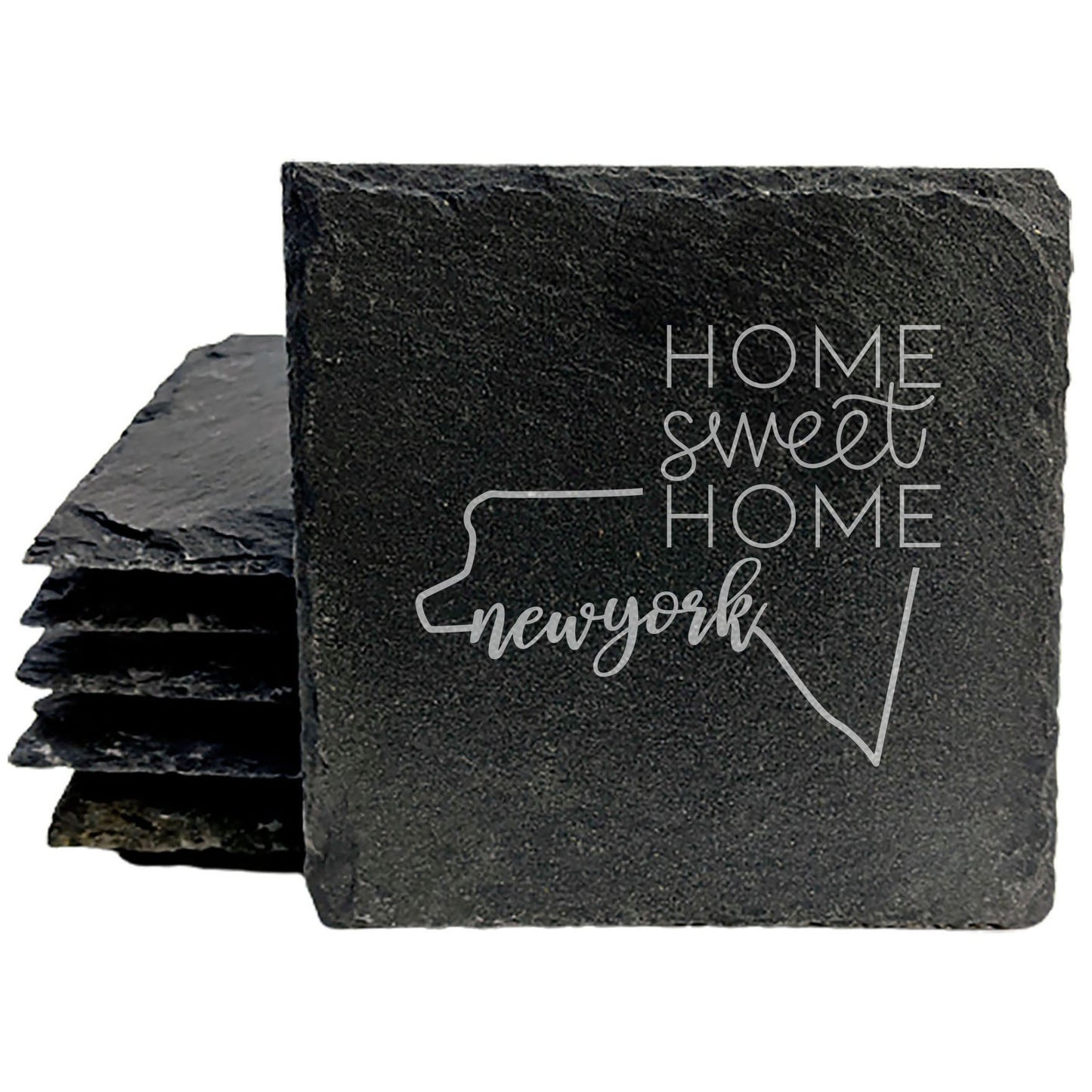 Rustic Slate Coasters Set of 4, Round 4" with New York State Design, 'Home Sweet Home' Laser Etched, Perfect Gift for Holidays, Birthdays, Housewarming, Made in Oregon, USA, Natural Chipped Edge