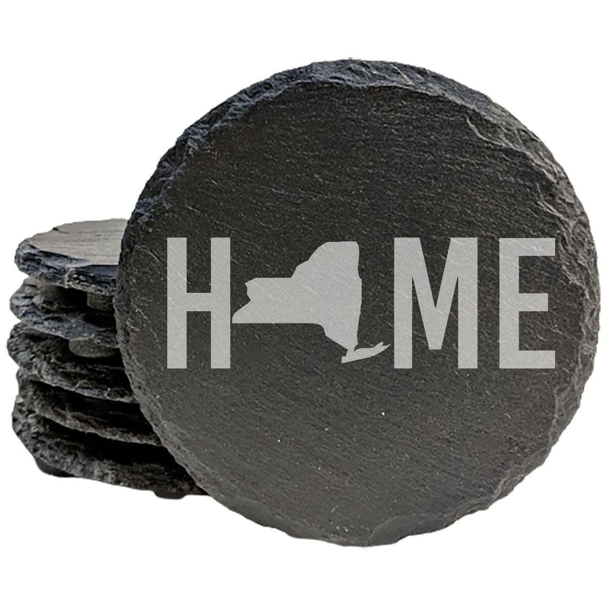 Rustic Slate Coasters Set of 4 - Laser Etched 'HOME' Design with NY State - Perfect Gift for Holidays, Birthdays, Housewarming - 4" Round, Natural Chipped Edge, Rubber Feet - Made in Oregon, USA