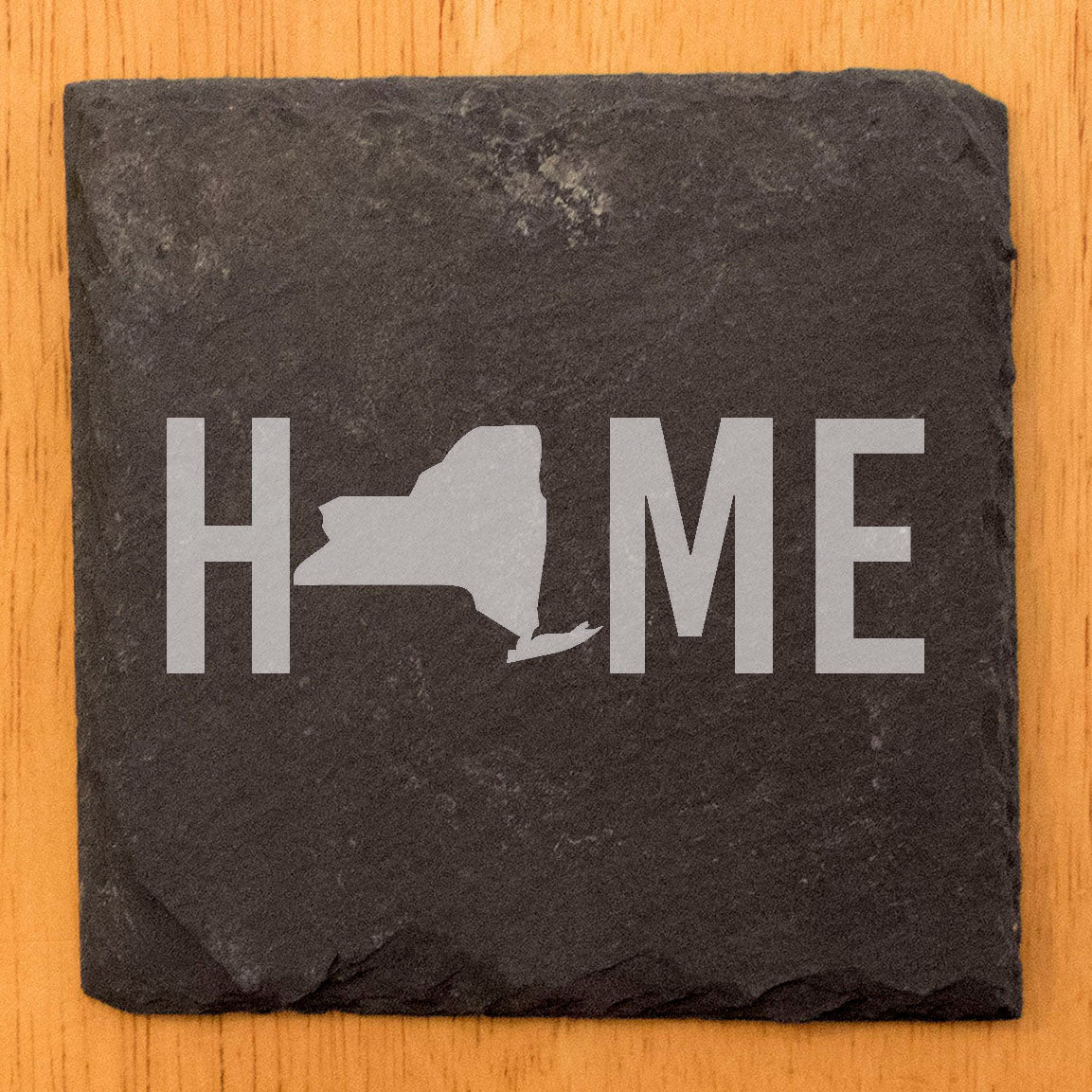Rustic Slate Coasters Set of 4 - Laser Etched 'HOME' Design with NY State - Perfect Gift for Holidays, Birthdays, Housewarming - 4" Round, Natural Chipped Edge, Rubber Feet - Made in Oregon, USA