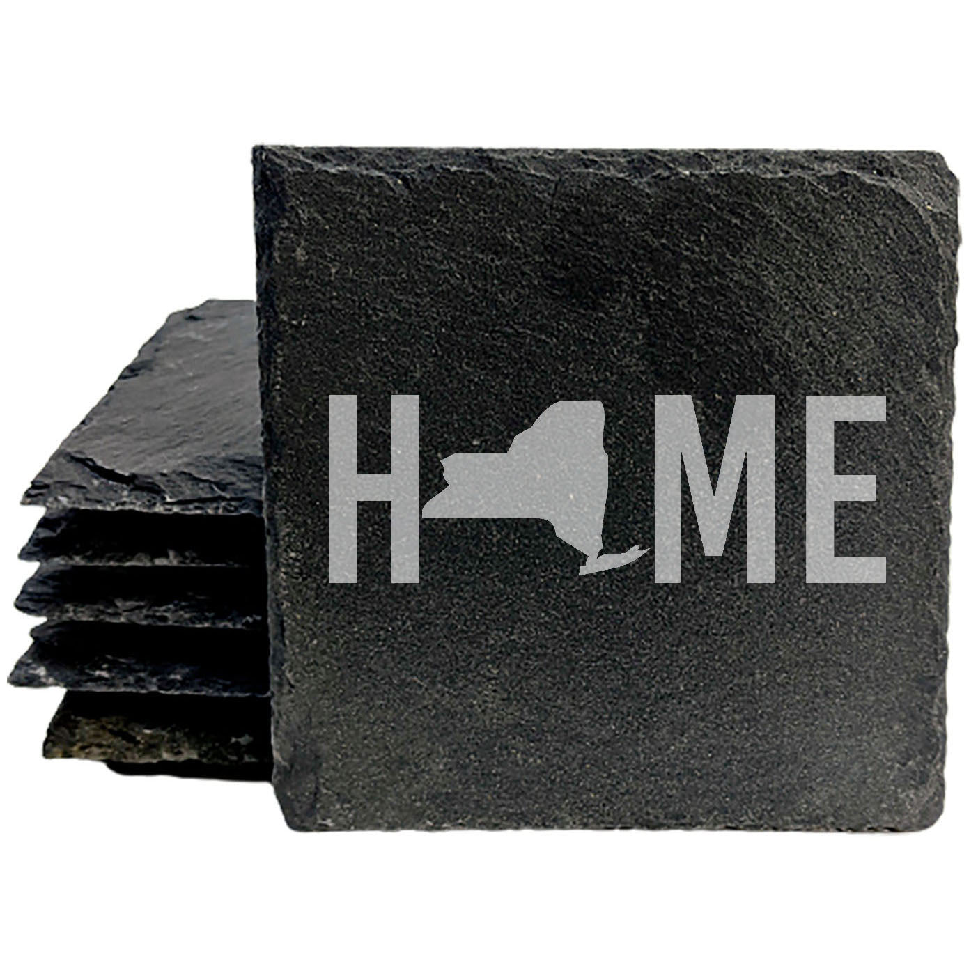 Rustic Slate Coasters Set of 4 - Laser Etched 'HOME' Design with NY State - Perfect Gift for Holidays, Birthdays, Housewarming - 4" Round, Natural Chipped Edge, Rubber Feet - Made in Oregon, USA