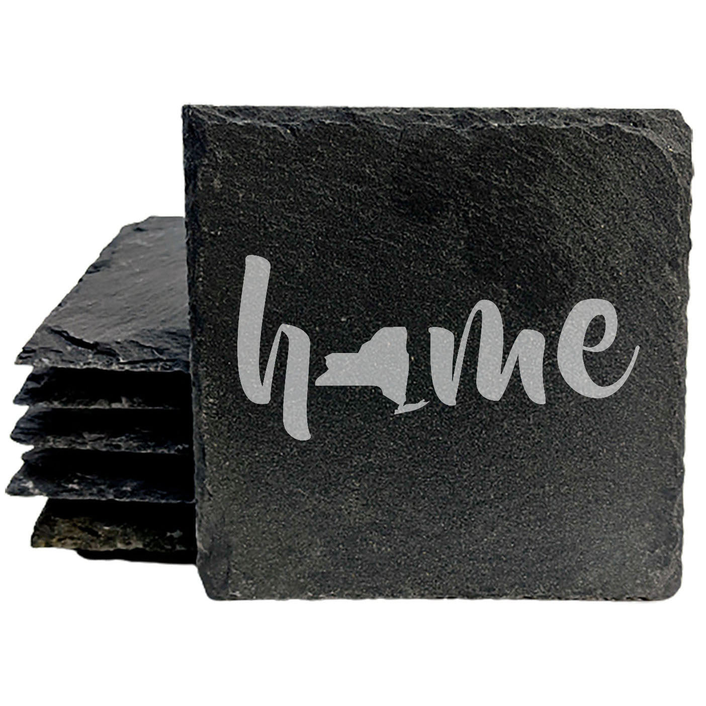 Rustic Slate Coasters Set of 4 - Laser Etched 'Home' Design with NY State - Perfect Gift for Holidays, Birthdays, Housewarming - 4" Round/Square - Made in Oregon, USA - Natural Chipped Edge