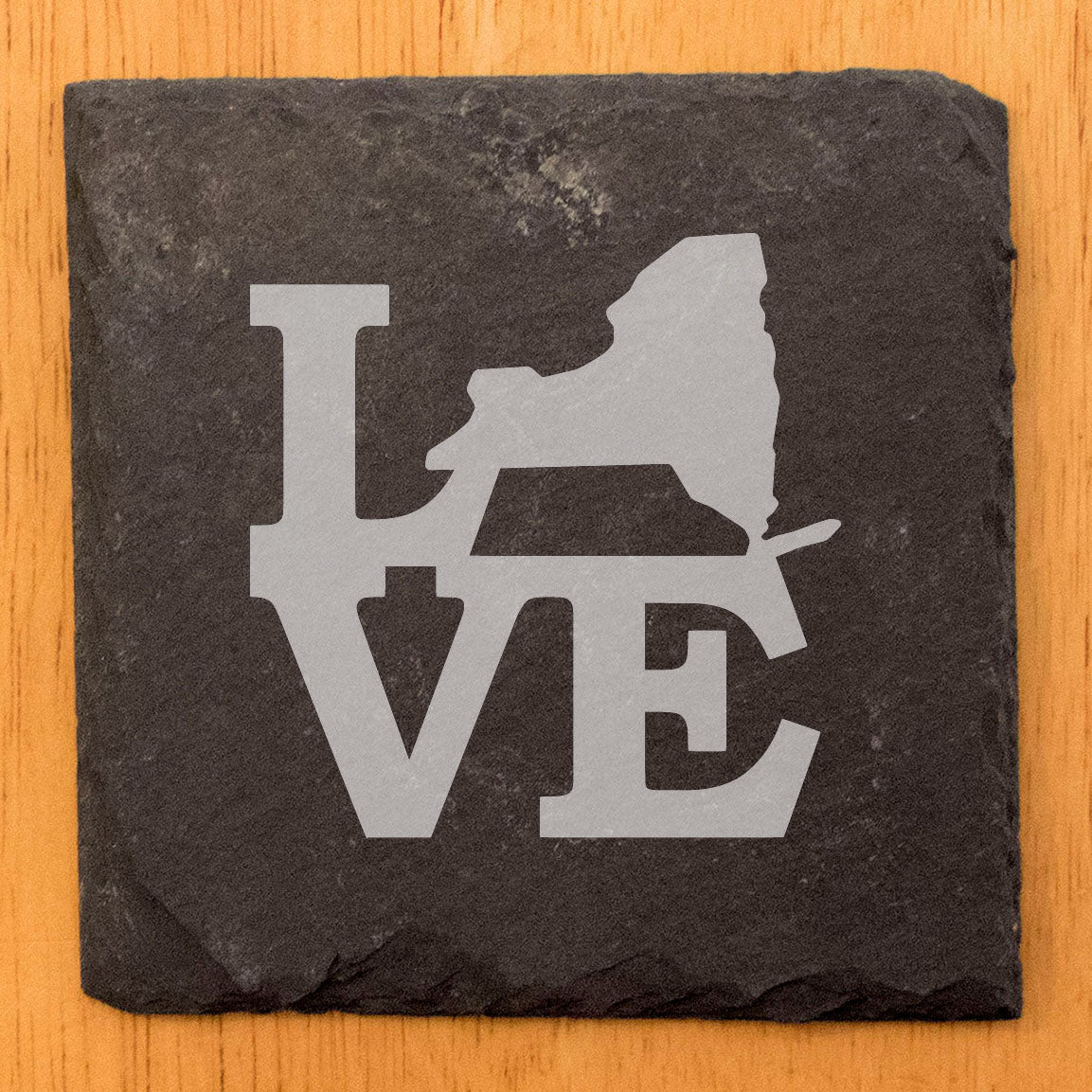 Rustic Slate Coasters Set of 4, Round 4" with 'LOVE' New York Design, Perfect for Holidays, Birthdays, Housewarming Gifts, She-Shed or Man Cave, Made in Oregon, USA, Natural Chipped Edge, Boxed