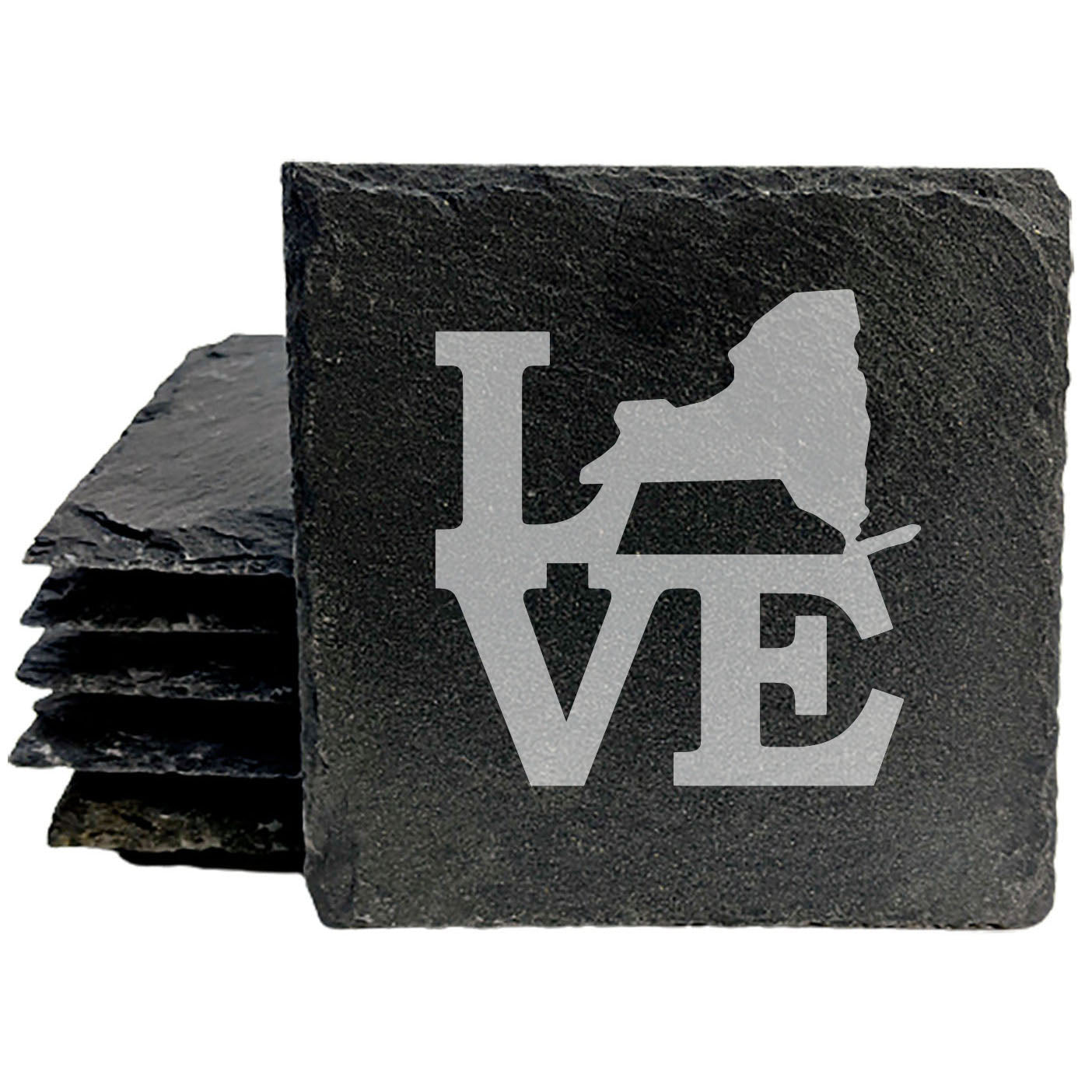 Rustic Slate Coasters Set of 4, Round 4" with 'LOVE' New York Design, Perfect for Holidays, Birthdays, Housewarming Gifts, She-Shed or Man Cave, Made in Oregon, USA, Natural Chipped Edge, Boxed