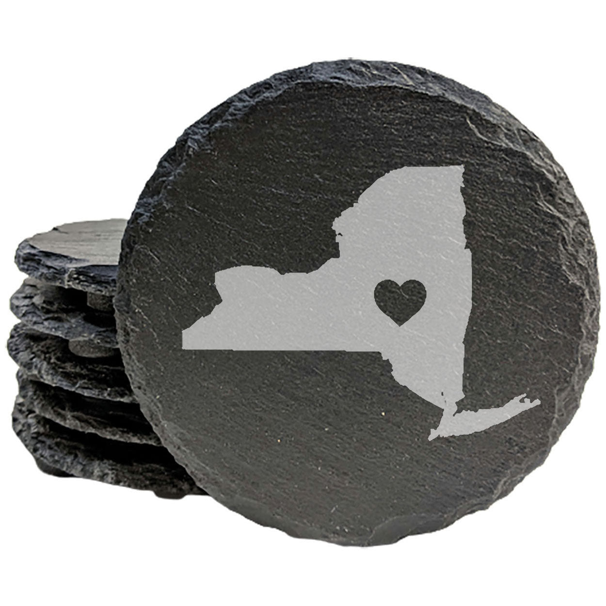 Rustic Slate Coasters Set of 4, Round 4" with New York Heart Design, Laser Etched, Perfect for Holidays, Birthdays, Housewarming Gifts, Made in Oregon, USA, Natural Chipped Edge, Rubber Feet