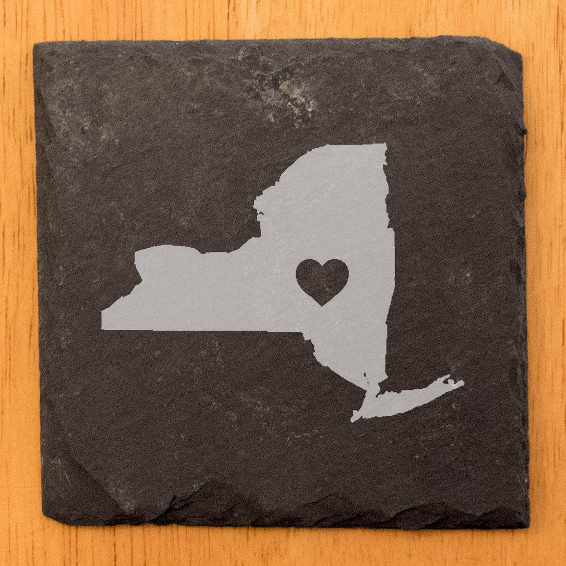 Rustic Slate Coasters Set of 4, Round 4" with New York Heart Design, Laser Etched, Perfect for Holidays, Birthdays, Housewarming Gifts, Made in Oregon, USA, Natural Chipped Edge, Rubber Feet