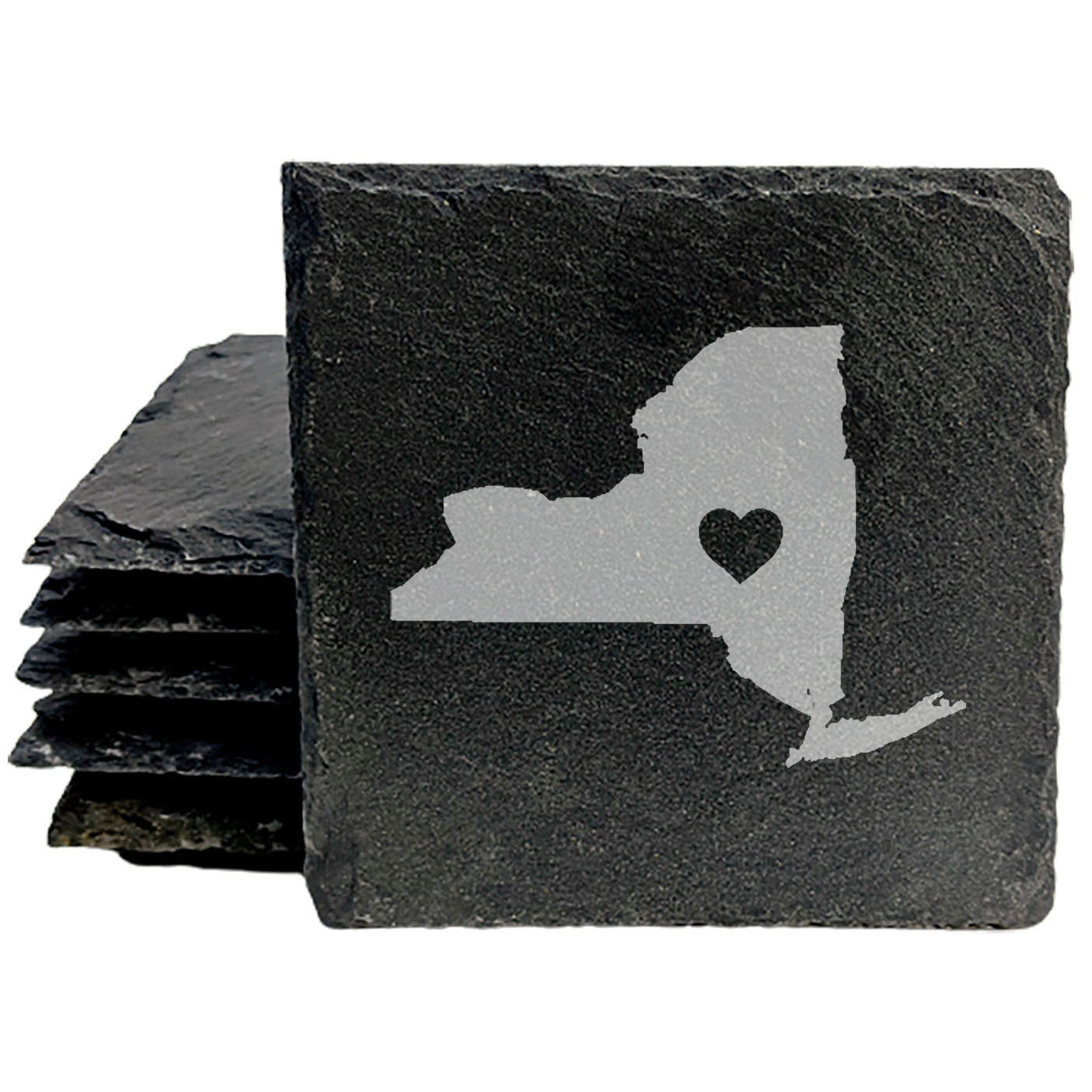Rustic Slate Coasters Set of 4, Round 4" with New York Heart Design, Laser Etched, Perfect for Holidays, Birthdays, Housewarming Gifts, Made in Oregon, USA, Natural Chipped Edge, Rubber Feet
