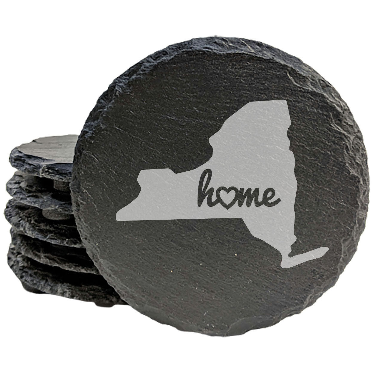 Rustic Slate Coasters Set of 4, Round 4" with New York 'Home' Heart Design, Perfect for Holidays, Birthdays, Housewarming, She-Shed, Man Cave, Made in Oregon, USA, , Natural Edge