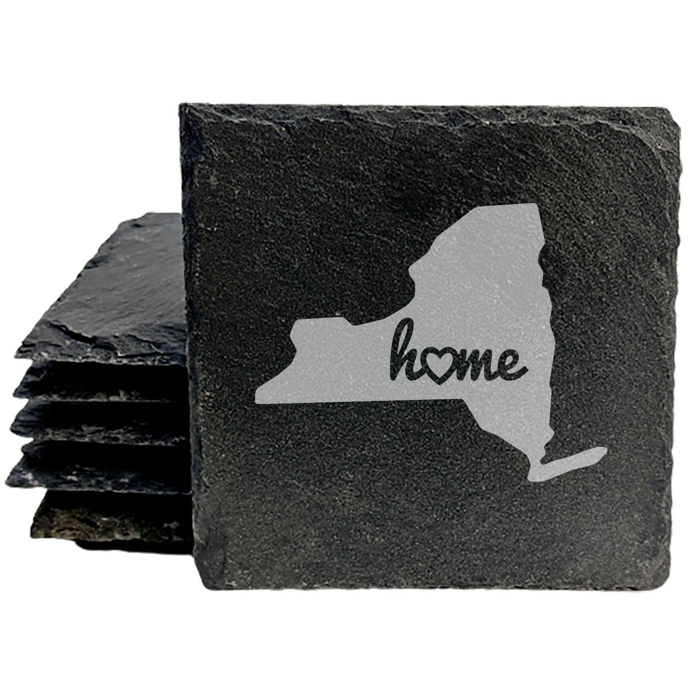Rustic Slate Coasters Set of 4, Round 4" with New York 'Home' Heart Design, Perfect for Holidays, Birthdays, Housewarming, She-Shed, Man Cave, Made in Oregon, USA, , Natural Edge