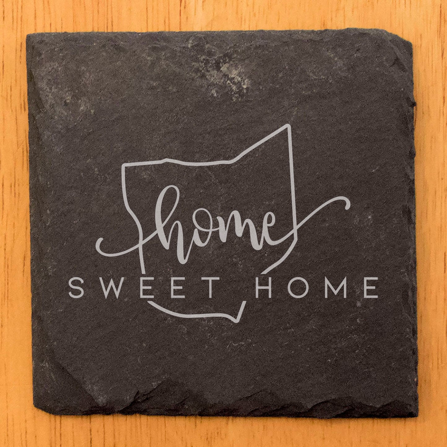 Rustic Slate Coasters Set of 4, Round 4" with 'Home Sweet Home' Ohio Design, Perfect Gift for Holidays, Birthdays, Housewarming, She-Shed, Man Cave, Made in Oregon, USA, Natural Chipped Edge
