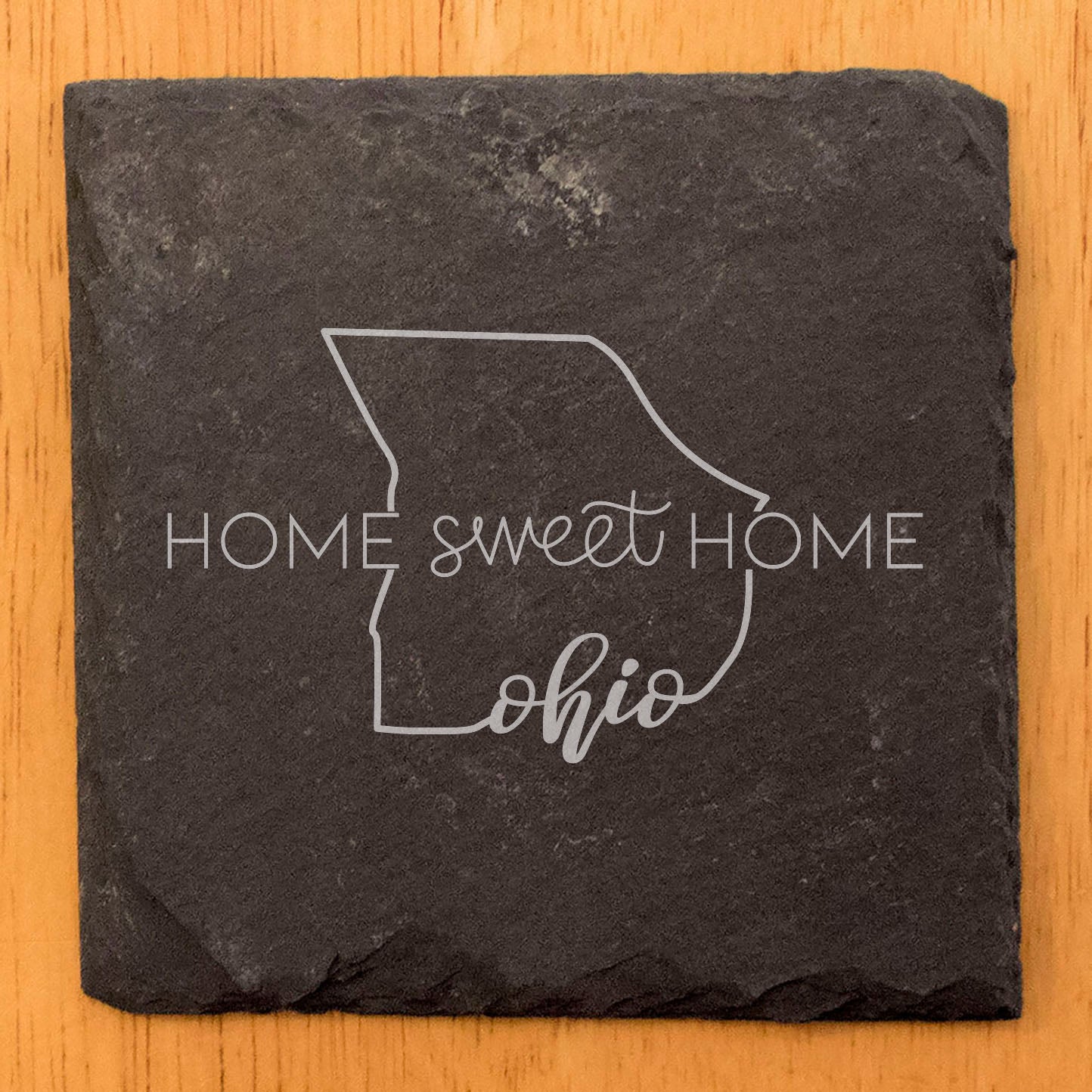 Rustic Slate Coasters Set of 4, Round 4" with 'Home Sweet Home' Ohio Design, Perfect Gift for Holidays, Birthdays, Housewarming, She-Shed, Man Cave, Made in Oregon, USA, Natural Chipped Edge