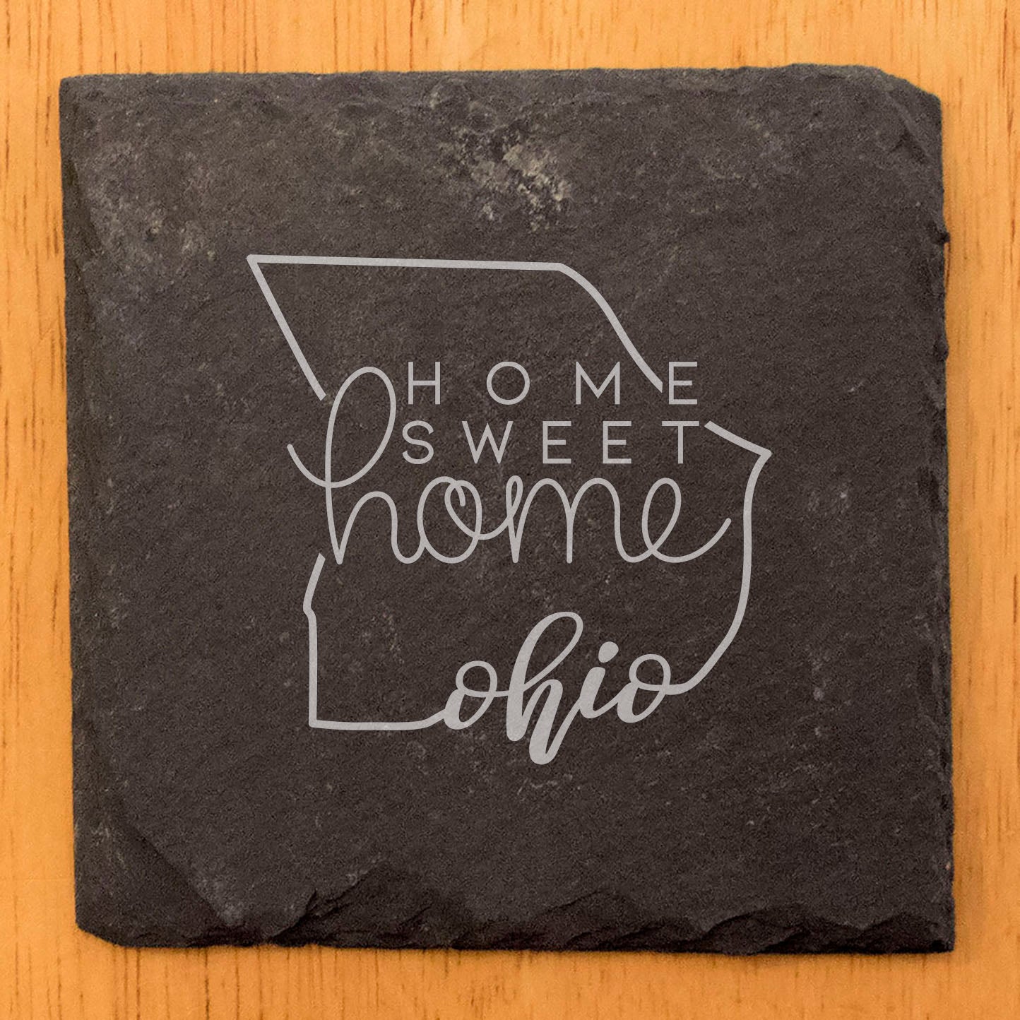 Rustic Slate Coasters Set of 4, Ohio 'Home Sweet Home' Design, 4" Round, Natural Chipped Edge, Rubber Feet, Perfect Gift for Holidays, Birthdays, Housewarming, Made in Oregon, USA