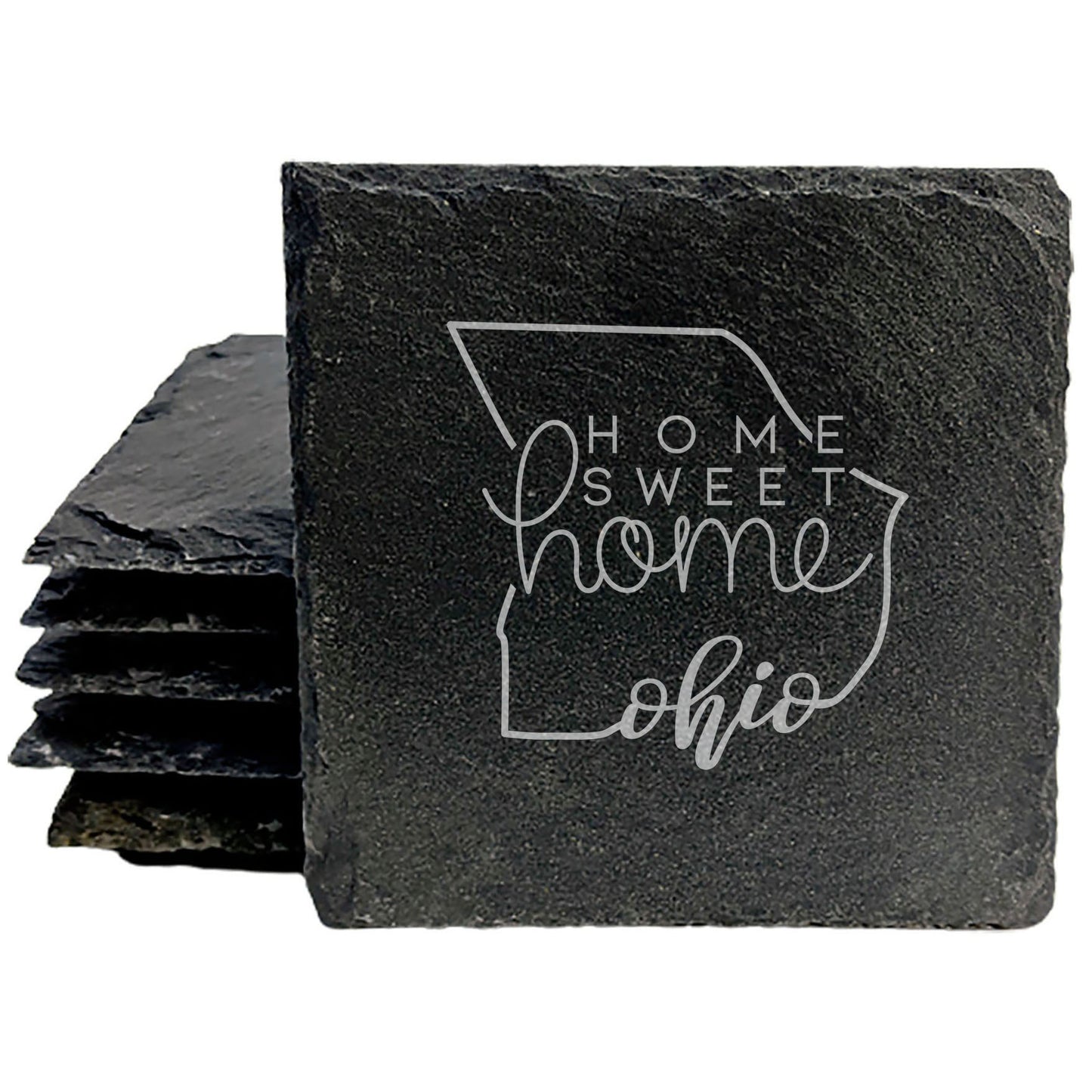 Rustic Slate Coasters Set of 4, Ohio 'Home Sweet Home' Design, 4" Round, Natural Chipped Edge, Rubber Feet, Perfect Gift for Holidays, Birthdays, Housewarming, Made in Oregon, USA
