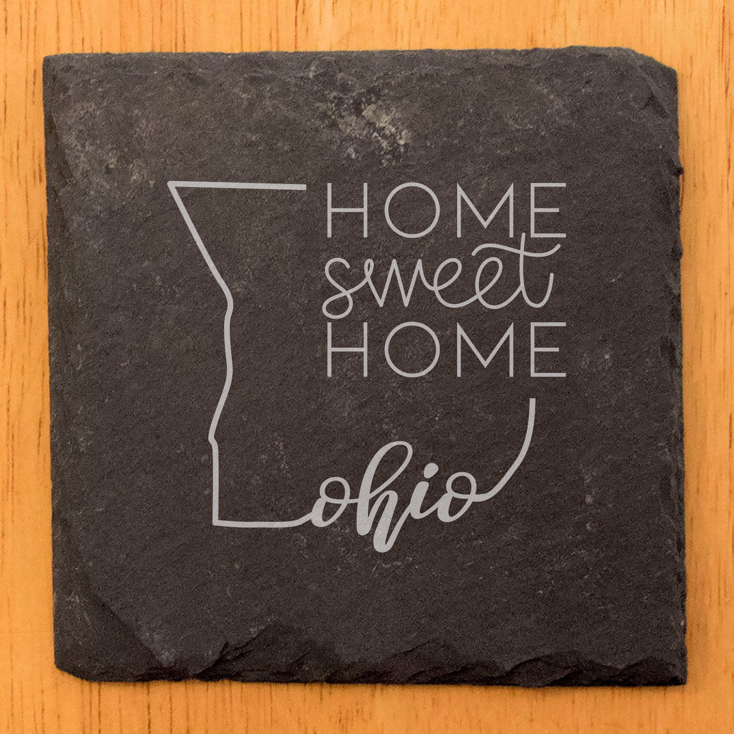 Rustic Slate Coasters Set of 4, Ohio 'Home Sweet Home' Design, 4" Round, Natural Chipped Edge, Rubber Feet, Perfect Gift for Holidays, Birthdays, Housewarming, Made in Oregon, USA, Small Business