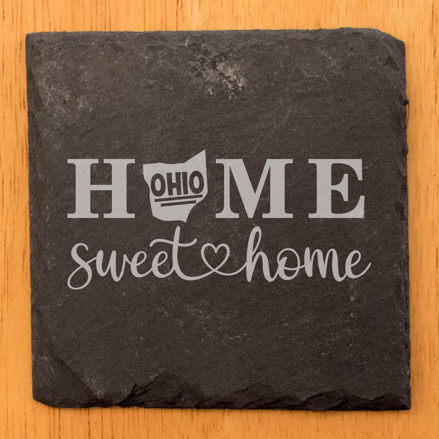 Rustic Slate Coasters Set of 4, Round 4" with 'HOME SWEET HOME' Ohio Design, Perfect for Holidays, Birthdays, Housewarming Gifts, She-Shed or Man Cave, Made in Oregon, USA, Natural Chipped Edge