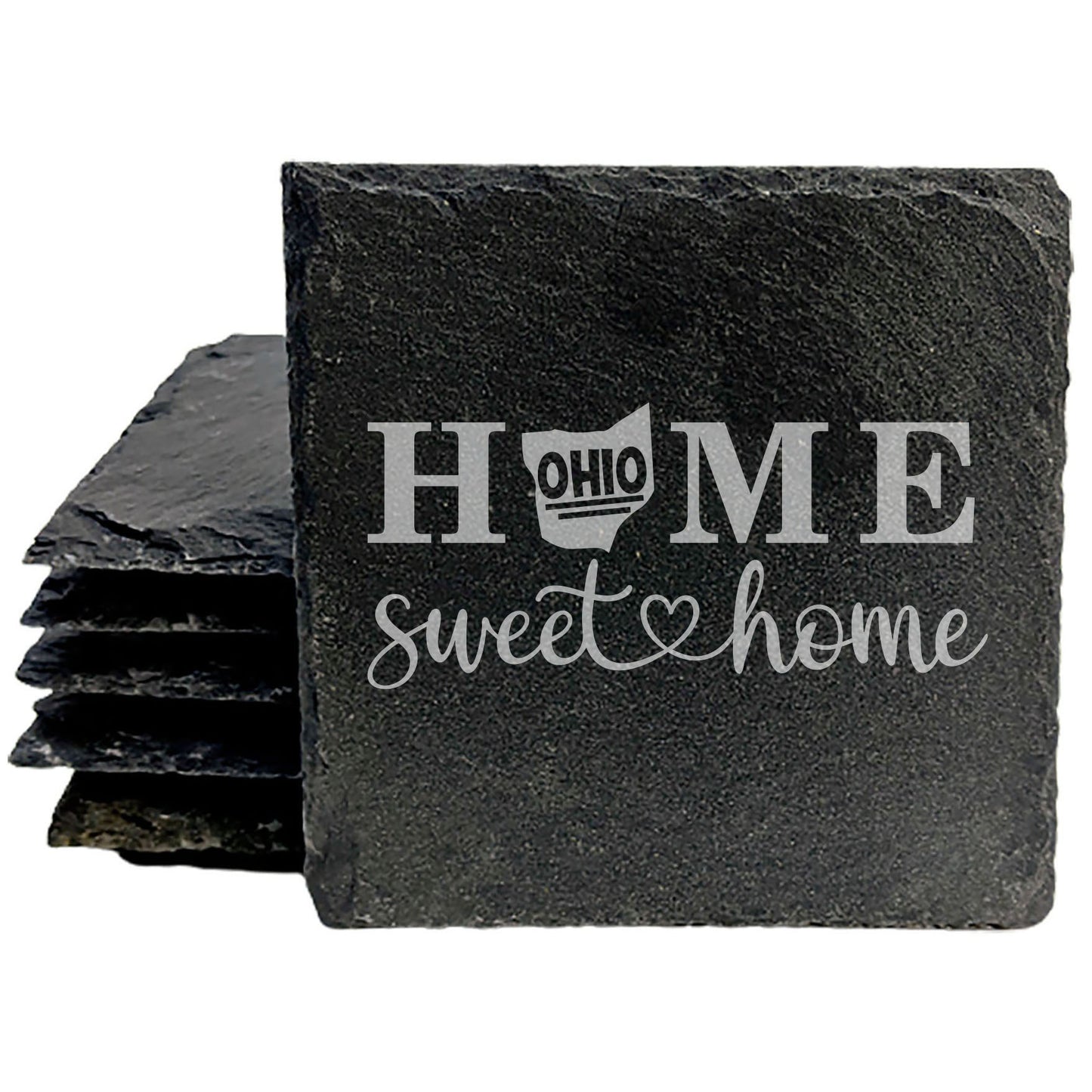 Rustic Slate Coasters Set of 4, Round 4" with 'HOME SWEET HOME' Ohio Design, Perfect for Holidays, Birthdays, Housewarming Gifts, She-Shed or Man Cave, Made in Oregon, USA, Natural Chipped Edge