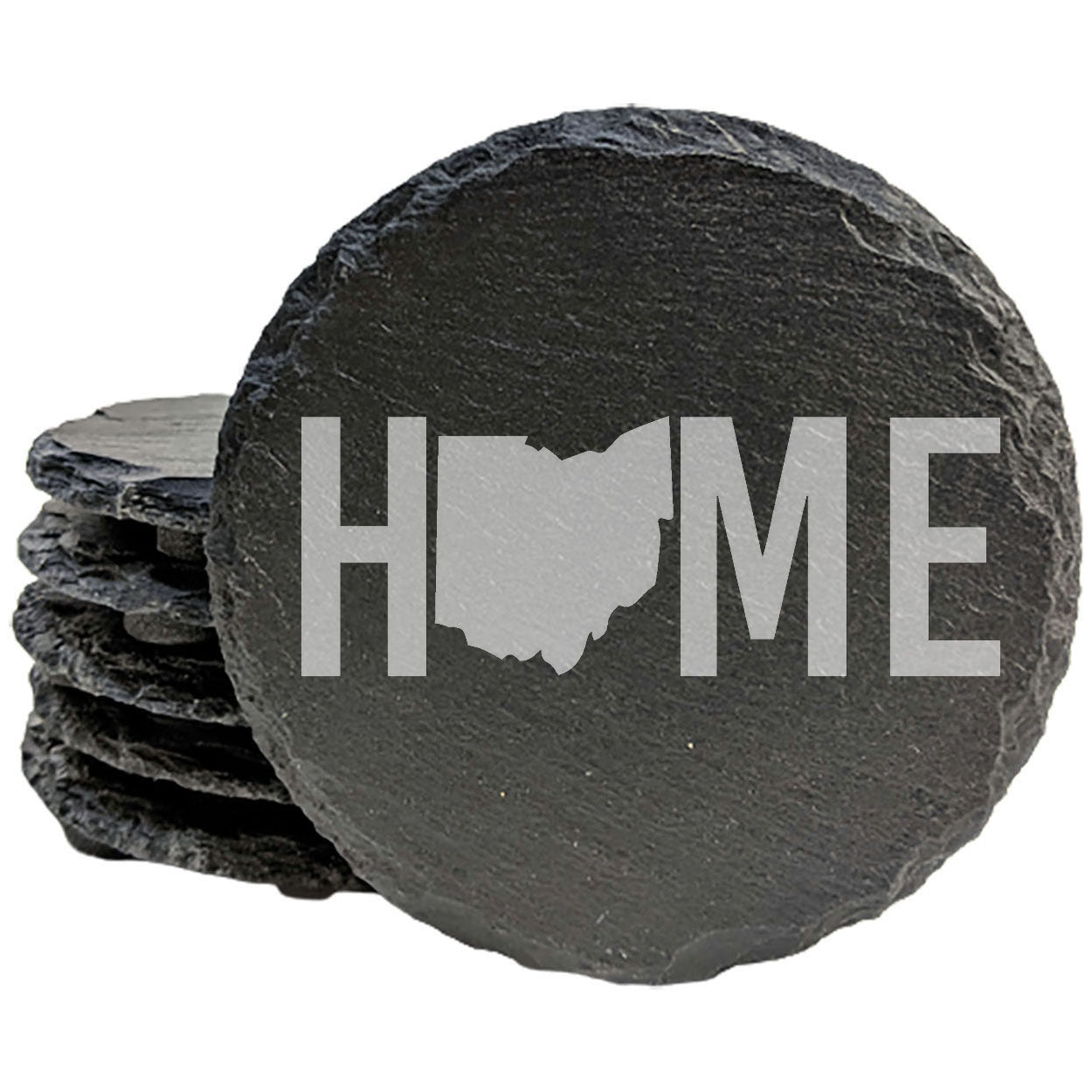 Rustic Slate Coasters Set of 4 - Laser Etched 'HOME' Design with Ohio State - Perfect Gift for Holidays, Birthdays, Housewarming - 4" Round, Natural Chipped Edge, Rubber Feet - Made in USA