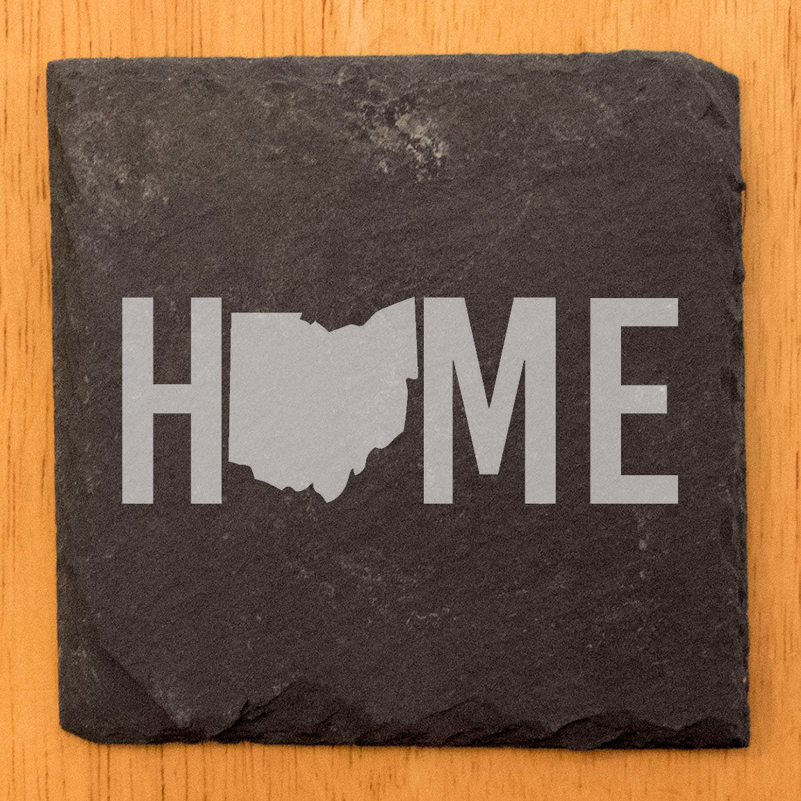 Rustic Slate Coasters Set of 4 - Laser Etched 'HOME' Design with Ohio State - Perfect Gift for Holidays, Birthdays, Housewarming - 4" Round, Natural Chipped Edge, Rubber Feet - Made in USA