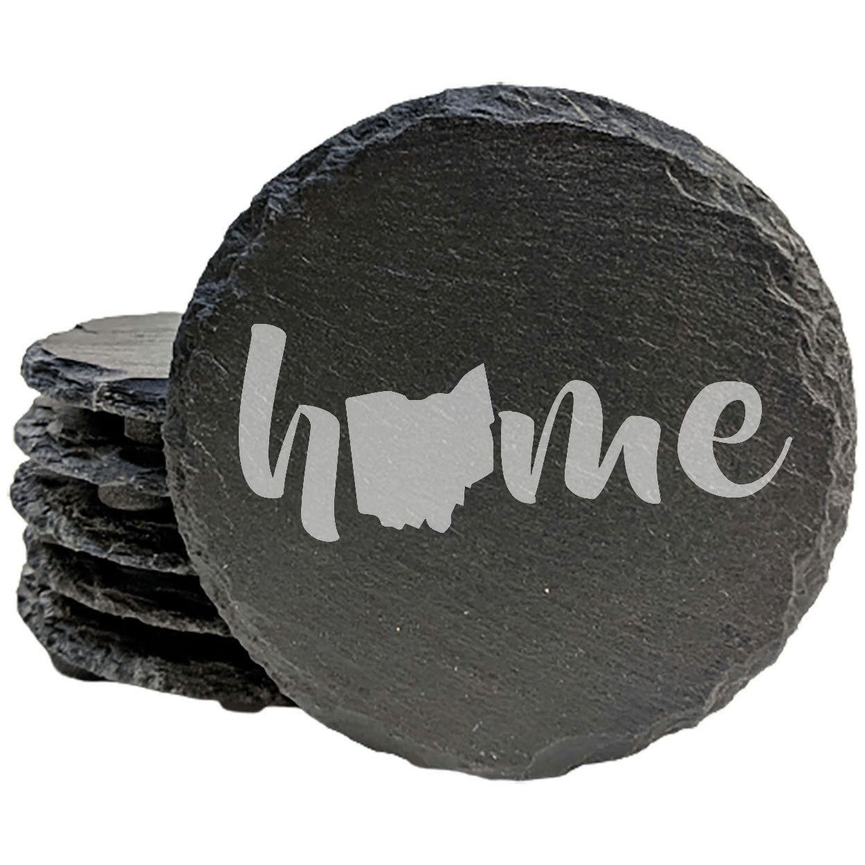 Rustic Slate Coasters Set of 4 - Laser Etched 'Home' Design with Ohio State - Perfect Gift for Holidays, Birthdays, Housewarming - 4" Round/Square - Made in Oregon, USA - Natural Chipped Edge