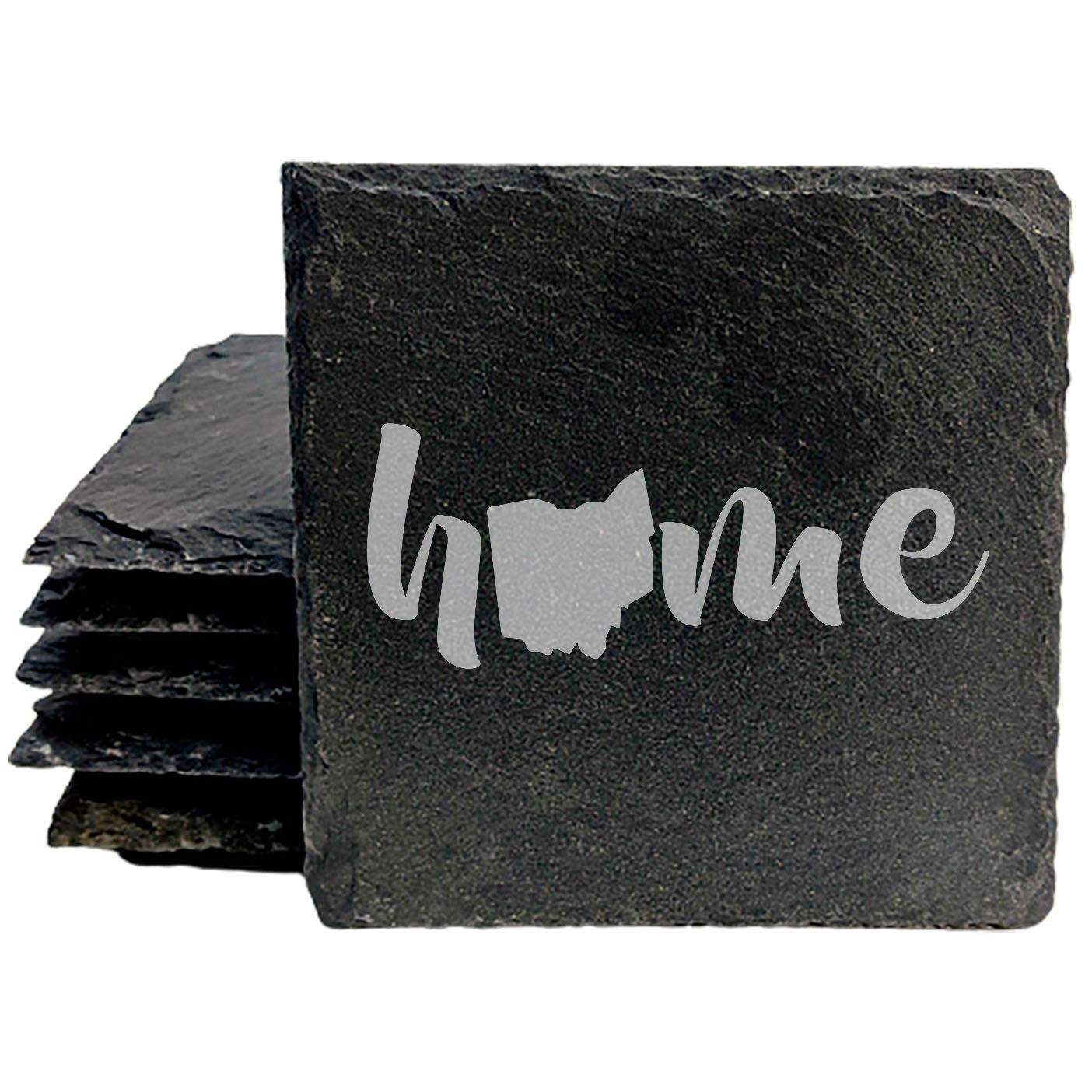 Rustic Slate Coasters Set of 4 - Laser Etched 'Home' Design with Ohio State - Perfect Gift for Holidays, Birthdays, Housewarming - 4" Round/Square - Made in Oregon, USA - Natural Chipped Edge