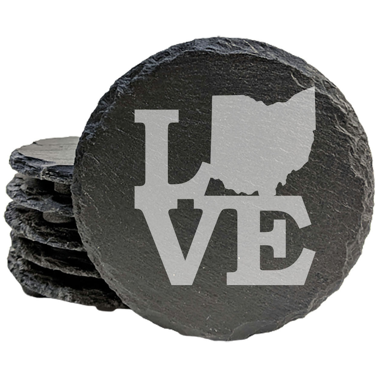 Rustic Slate Coasters Set of 4, Laser Etched 'LOVE' Ohio Design, 4" Round, Natural Chipped Edge, Rubber Feet, , Perfect for Holidays, Birthdays, Housewarming, Made in Oregon, USA