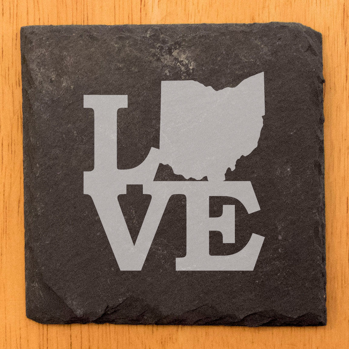 Rustic Slate Coasters Set of 4, Laser Etched 'LOVE' Ohio Design, 4" Round, Natural Chipped Edge, Rubber Feet, , Perfect for Holidays, Birthdays, Housewarming, Made in Oregon, USA