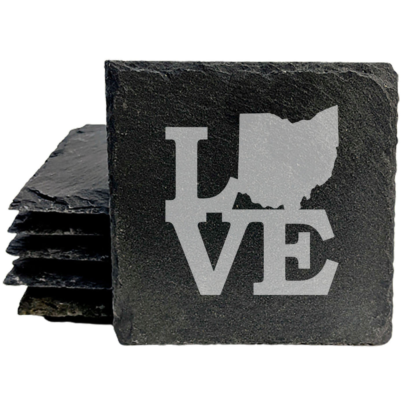 Rustic Slate Coasters Set of 4, Laser Etched 'LOVE' Ohio Design, 4" Round, Natural Chipped Edge, Rubber Feet, , Perfect for Holidays, Birthdays, Housewarming, Made in Oregon, USA