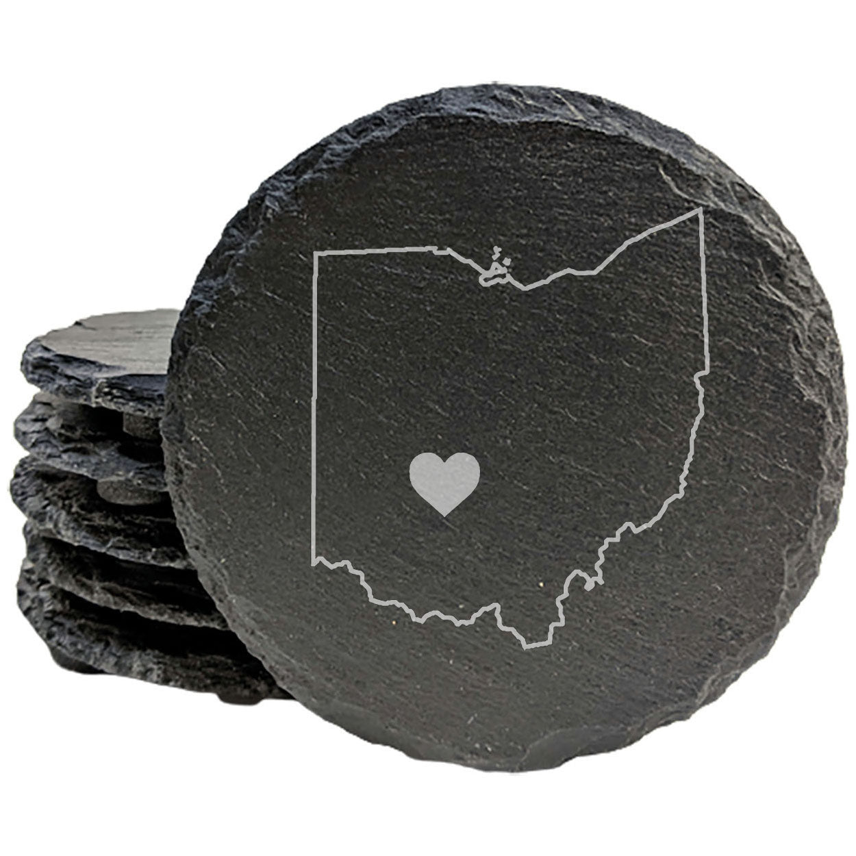 Rustic Slate Coasters Set of 4, Ohio Heart Design, 4" Round, Natural Chipped Edge, Rubber Feet, , Perfect for Holidays, Birthdays, Housewarming, She-Shed, Man Cave, Made in USA