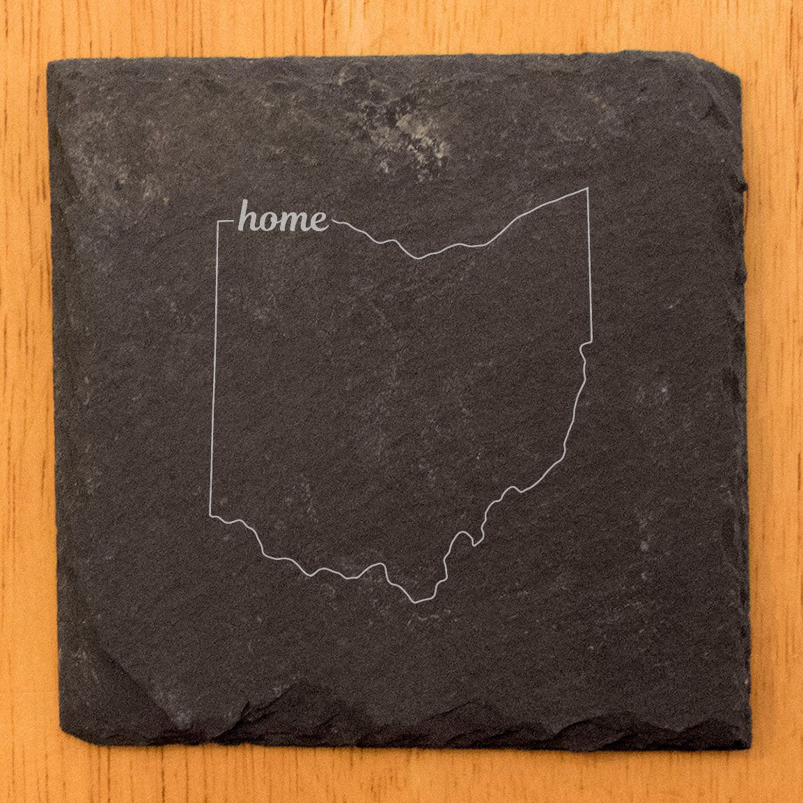 Rustic Slate Coasters Set of 4, Ohio 'Home' Design, 4" Round, Natural Chipped Edge, Rubber Feet, , Perfect for Holidays, Birthdays, Housewarming, She-Shed, Man Cave, Made in USA