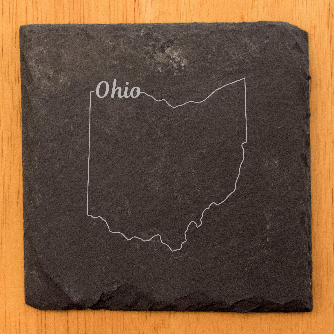 Rustic Slate Coasters Set of 4, Ohio State Design, 4" Round, Laser Etched, Natural Chipped Edge, Rubber Feet, , Perfect for Holidays, Birthdays, Housewarming, Made in Oregon, USA
