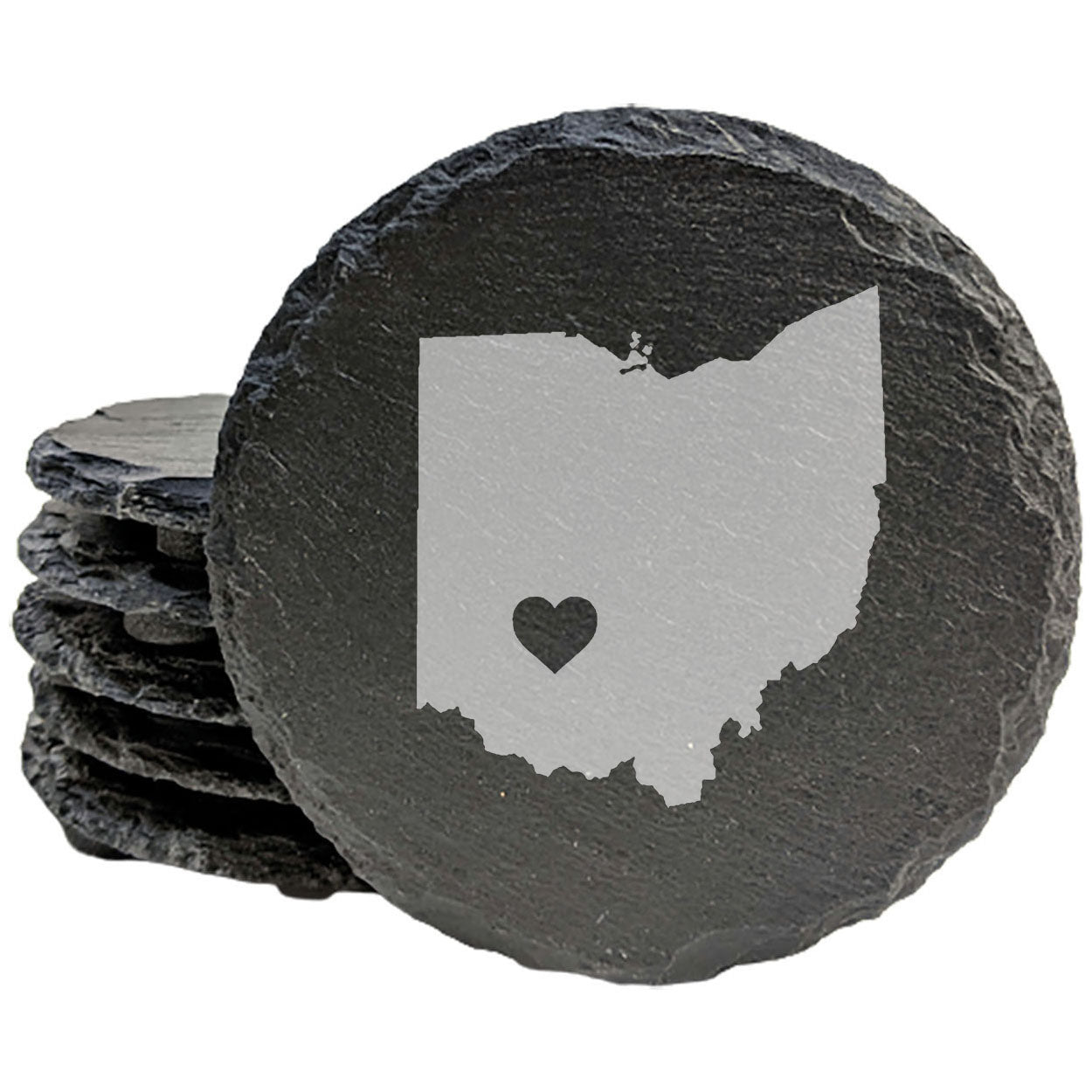 Rustic Slate Coasters Set of 4, Ohio Heart Design, 4" Round, Laser Etched, Natural Chipped Edge, Rubber Feet, , Perfect for Holidays, Birthdays, Housewarming, Made in Oregon, USA