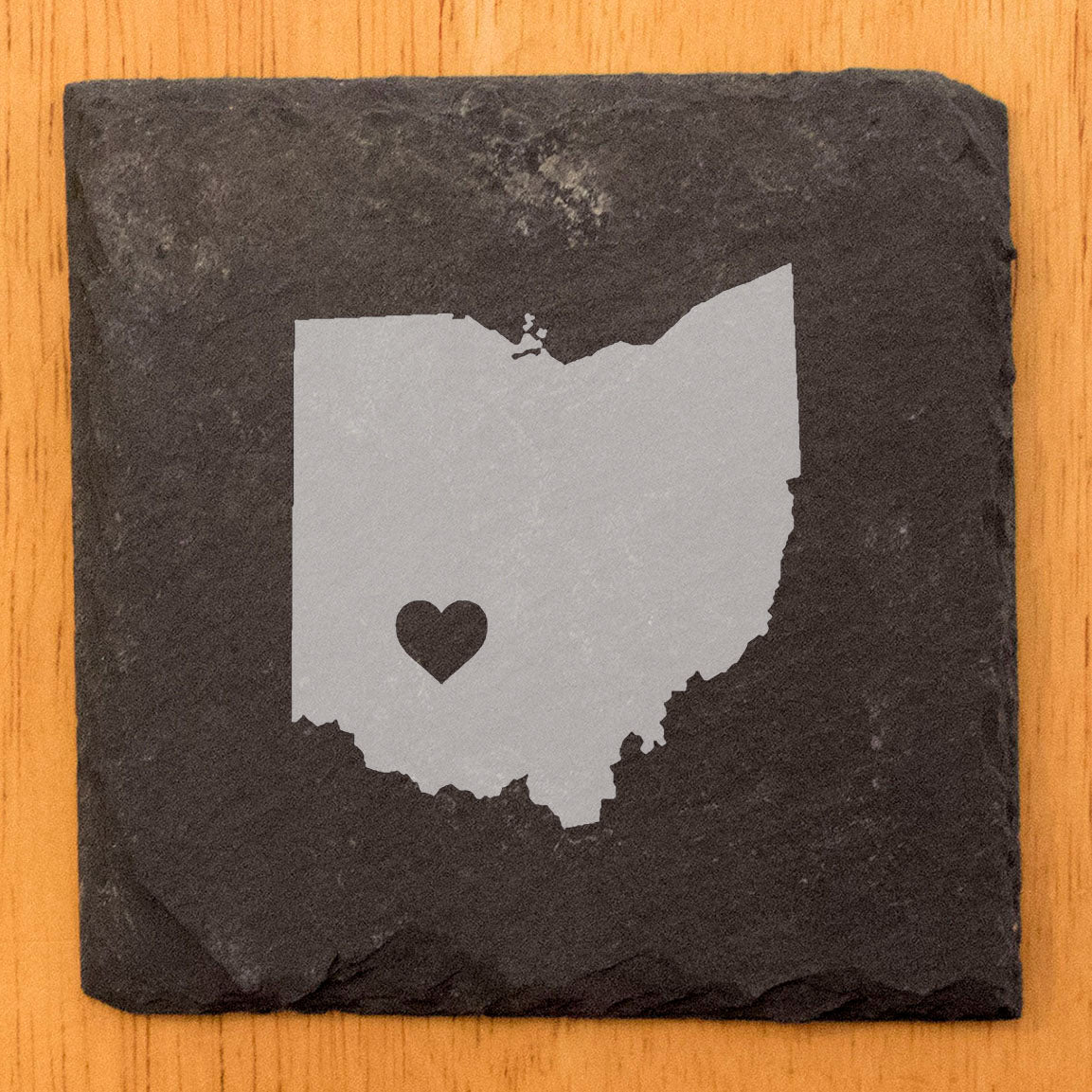 Rustic Slate Coasters Set of 4, Ohio Heart Design, 4" Round, Laser Etched, Natural Chipped Edge, Rubber Feet, , Perfect for Holidays, Birthdays, Housewarming, Made in Oregon, USA