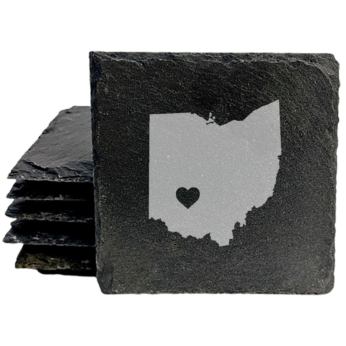 Rustic Slate Coasters Set of 4, Ohio Heart Design, 4" Round, Laser Etched, Natural Chipped Edge, Rubber Feet, , Perfect for Holidays, Birthdays, Housewarming, Made in Oregon, USA