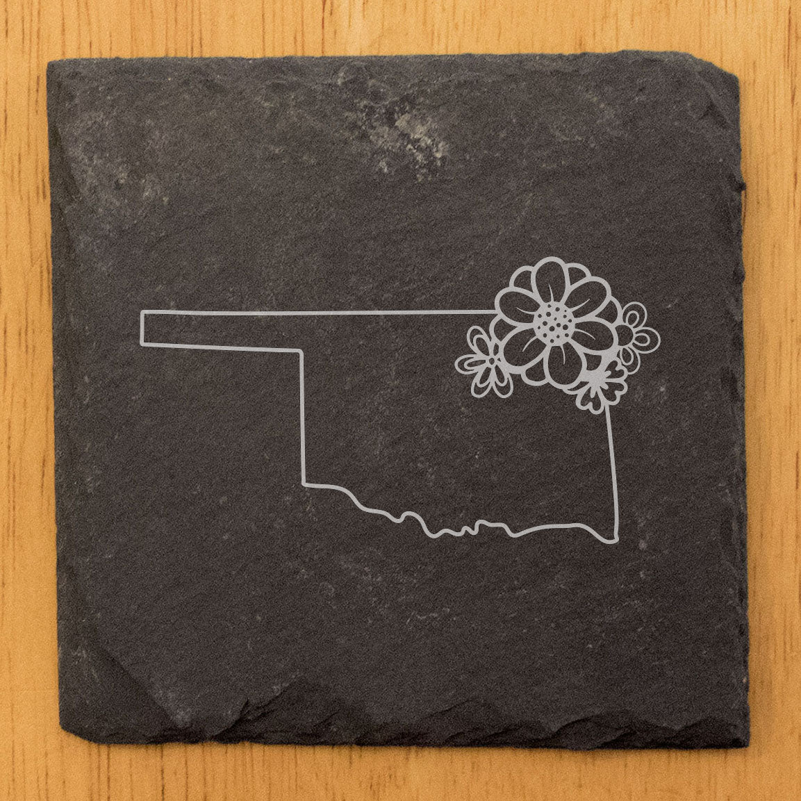 Rustic Slate Coasters Set of 4 - Oklahoma State Outline Design w/ Flower - Perfect Gift for Holidays, Birthdays, Housewarming - 4" Round/Square - Made in Oregon, USA - Natural Chipped Edge