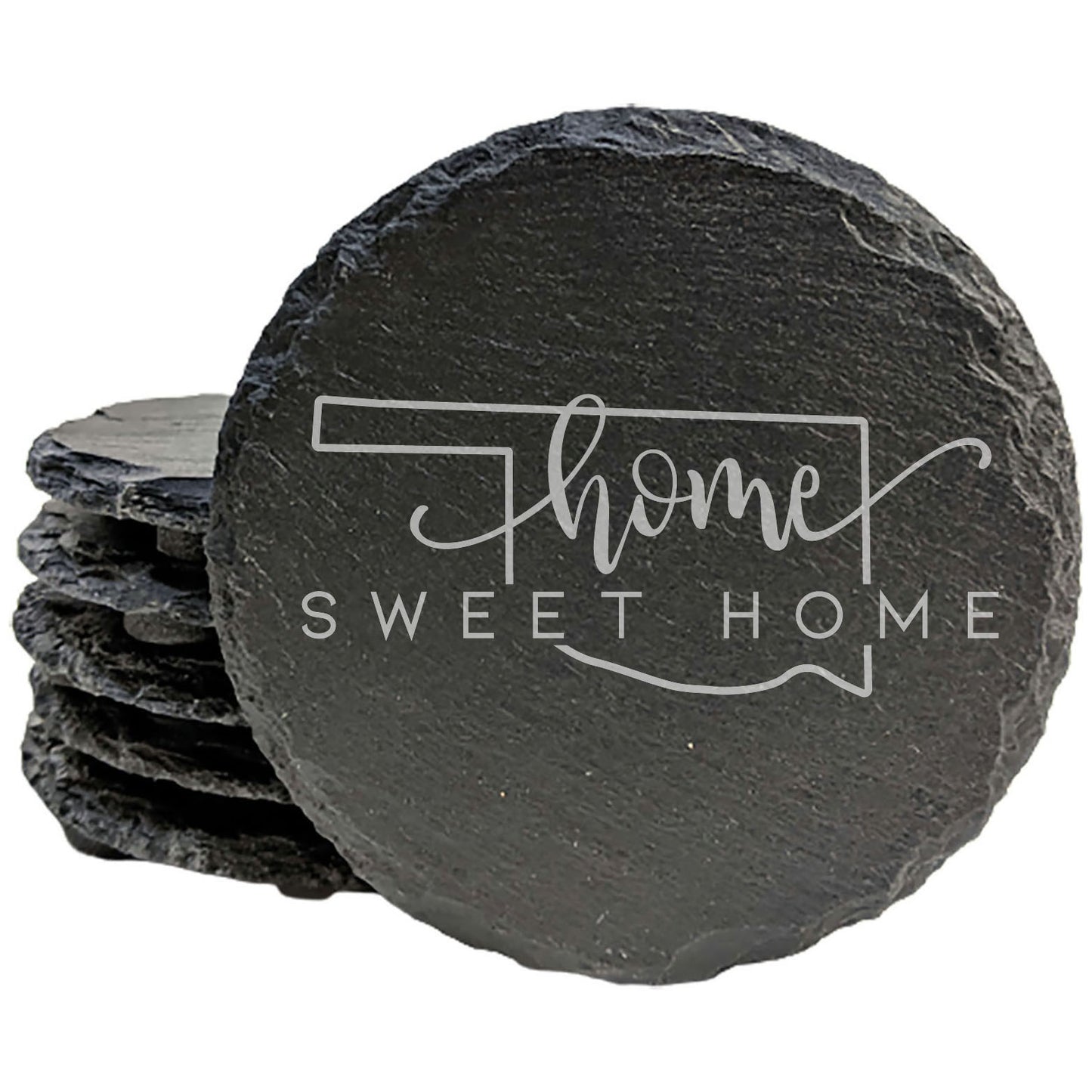 Rustic Slate Coasters Set of 4 - Round 4" with 'Home Sweet Home' Oklahoma Design - Perfect Gift for Holidays, Birthdays, Housewarming - Made in Oregon, USA - Natural Chipped Edge, Rubber Feet