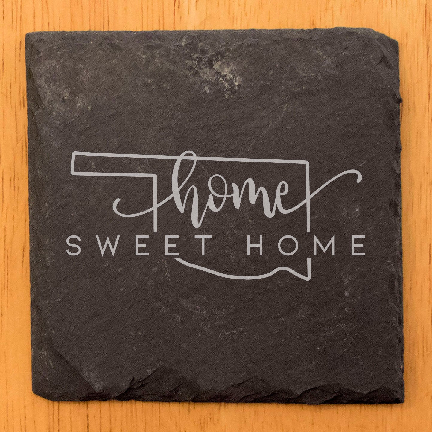 Rustic Slate Coasters Set of 4 - Round 4" with 'Home Sweet Home' Oklahoma Design - Perfect Gift for Holidays, Birthdays, Housewarming - Made in Oregon, USA - Natural Chipped Edge, Rubber Feet