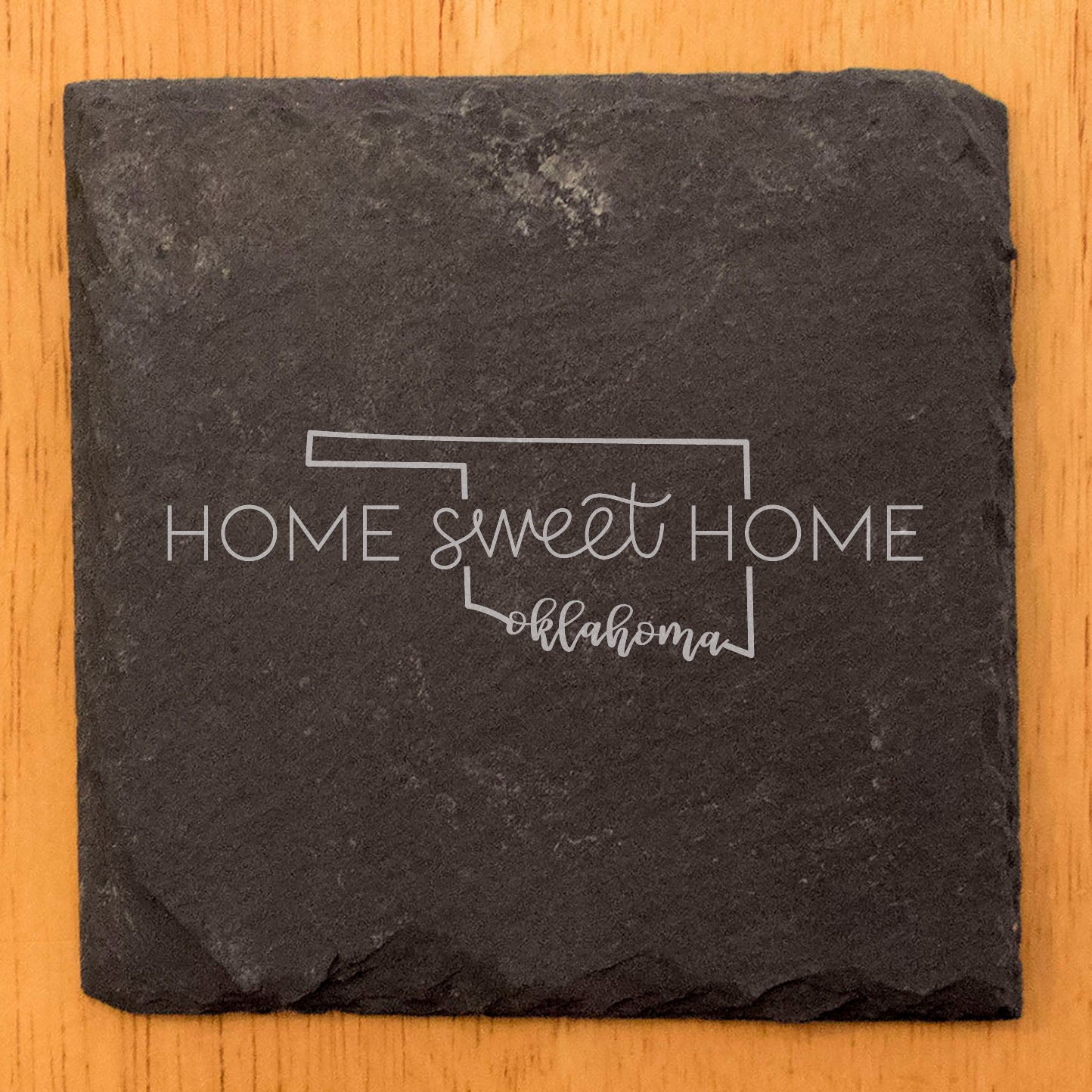 Rustic Slate Coasters Set of 4 - 4" Round with 'Home Sweet Home' Oklahoma Design - Perfect Gift for Holidays, Birthdays, Housewarming - Made in Oregon, USA - Natural Chipped Edge, Rubber Feet