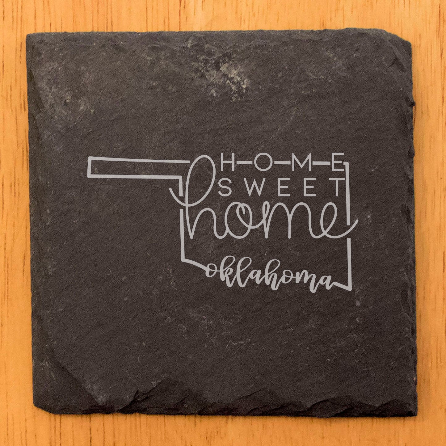 Rustic Slate Coasters Set of 4 - Oklahoma Design 'Home Sweet Home' - 4" Round, Natural Chipped Edge, Rubber Feet - Perfect Gift for Holidays, Birthdays, Housewarming - Made in Oregon, USA