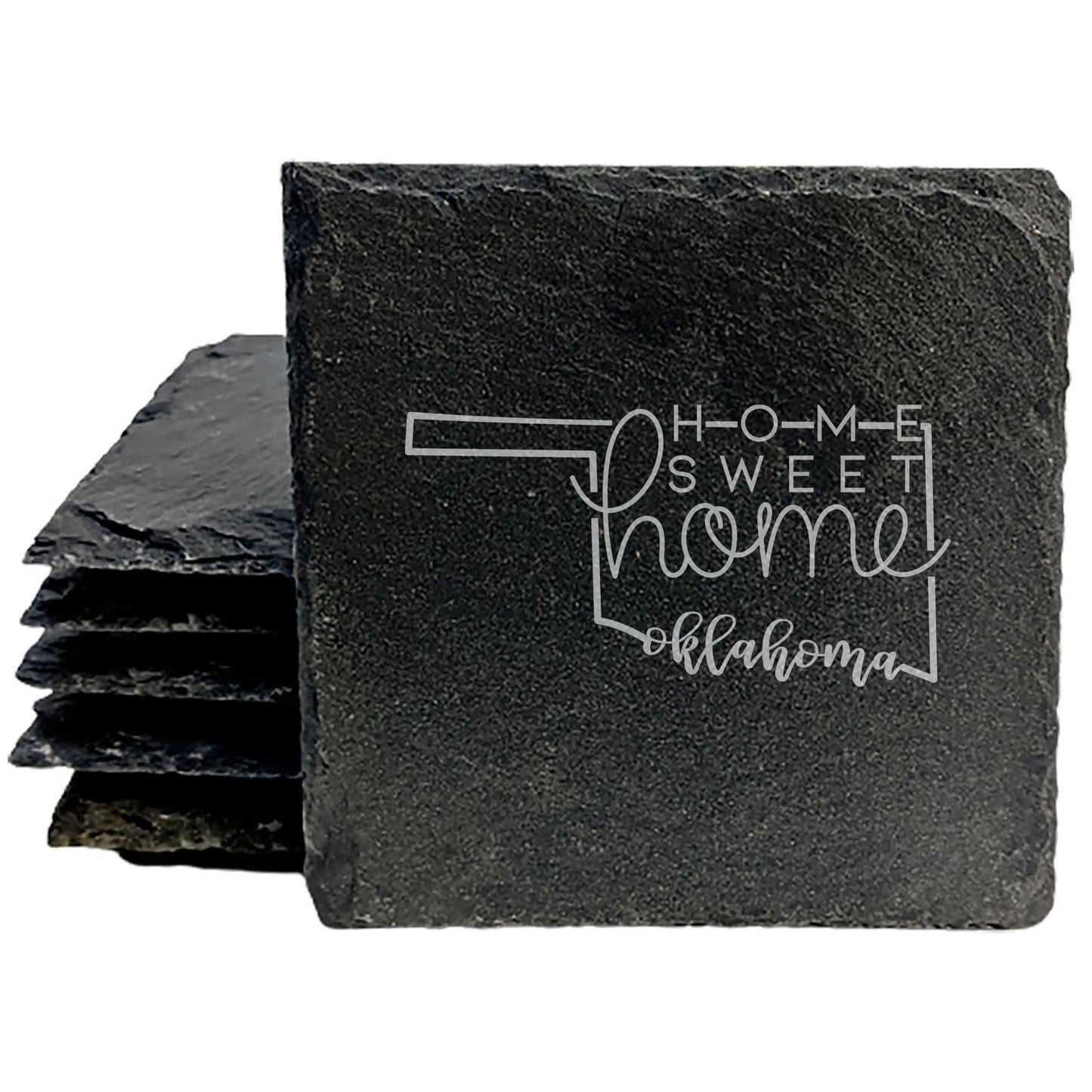 Rustic Slate Coasters Set of 4 - Oklahoma Design 'Home Sweet Home' - 4" Round, Natural Chipped Edge, Rubber Feet - Perfect Gift for Holidays, Birthdays, Housewarming - Made in Oregon, USA