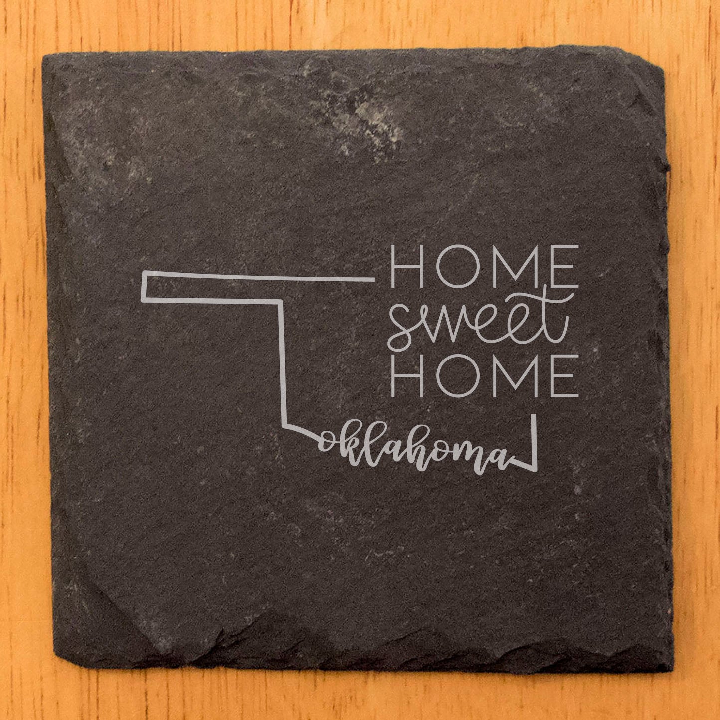 Rustic Slate Coasters Set of 4, Round 4" with Oklahoma 'Home Sweet Home' Design, Laser Etched, Perfect for Holidays, Birthdays, Housewarming Gifts, Made in Oregon, USA, Natural Chipped Edge