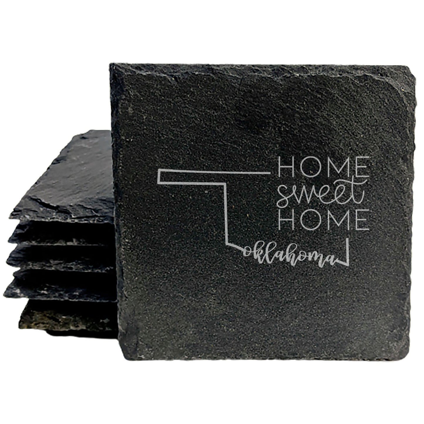 Rustic Slate Coasters Set of 4, Round 4" with Oklahoma 'Home Sweet Home' Design, Laser Etched, Perfect for Holidays, Birthdays, Housewarming Gifts, Made in Oregon, USA, Natural Chipped Edge