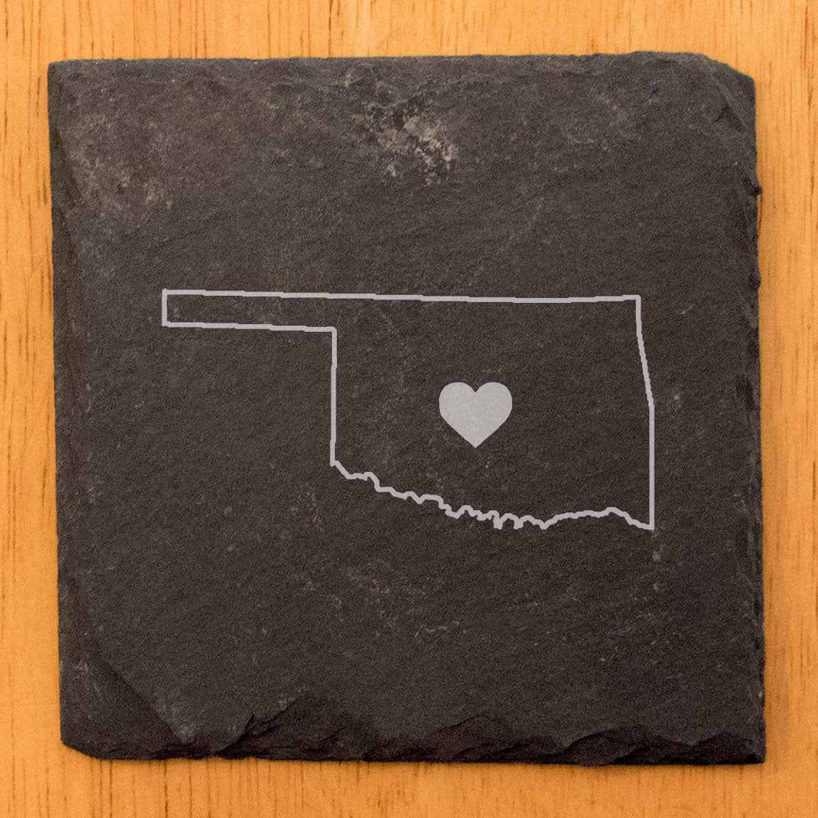 Rustic Slate Coasters Set of 4, Round 4" with Oklahoma Heart Design, Laser Etched, Perfect for Holidays, Birthdays, Housewarming, She-Shed, Man Cave, Made in Oregon, USA,