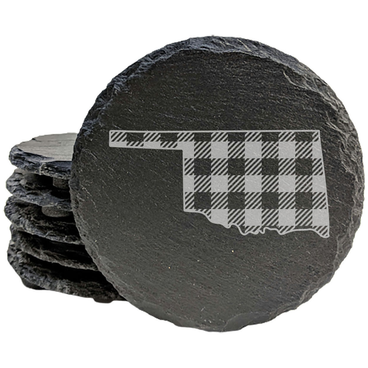 Rustic Slate Coasters Set of 4, Round 4" with Oklahoma Plaid Design, Perfect for Holidays, Birthdays, Housewarming Gifts, She-Shed or Man Cave, Made in Oregon, USA, Natural Chipped Edge, Rubber Feet