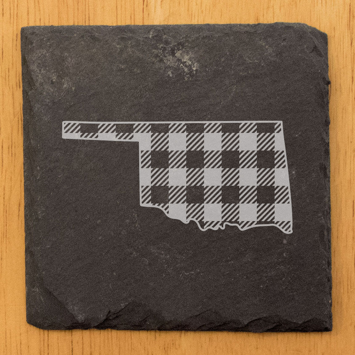 Rustic Slate Coasters Set of 4, Round 4" with Oklahoma Plaid Design, Perfect for Holidays, Birthdays, Housewarming Gifts, She-Shed or Man Cave, Made in Oregon, USA, Natural Chipped Edge, Rubber Feet