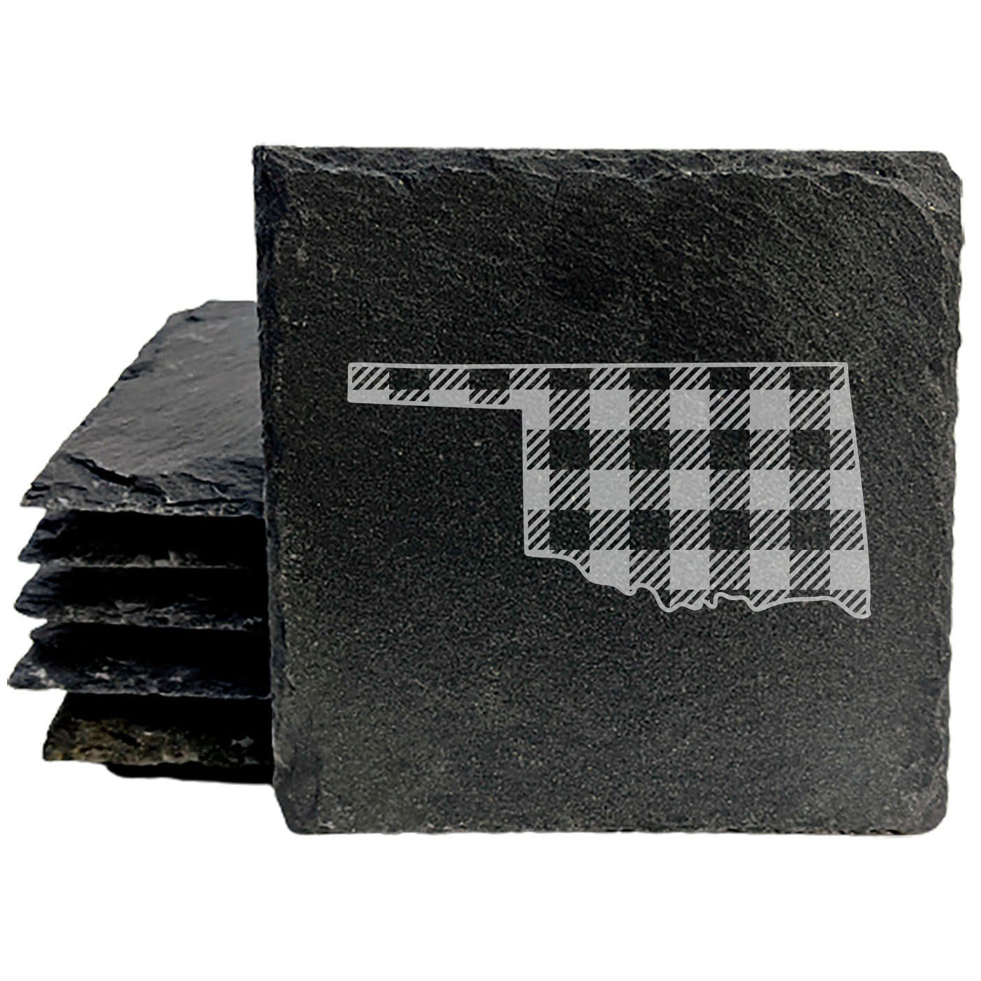 Rustic Slate Coasters Set of 4, Round 4" with Oklahoma Plaid Design, Perfect for Holidays, Birthdays, Housewarming Gifts, She-Shed or Man Cave, Made in Oregon, USA, Natural Chipped Edge, Rubber Feet