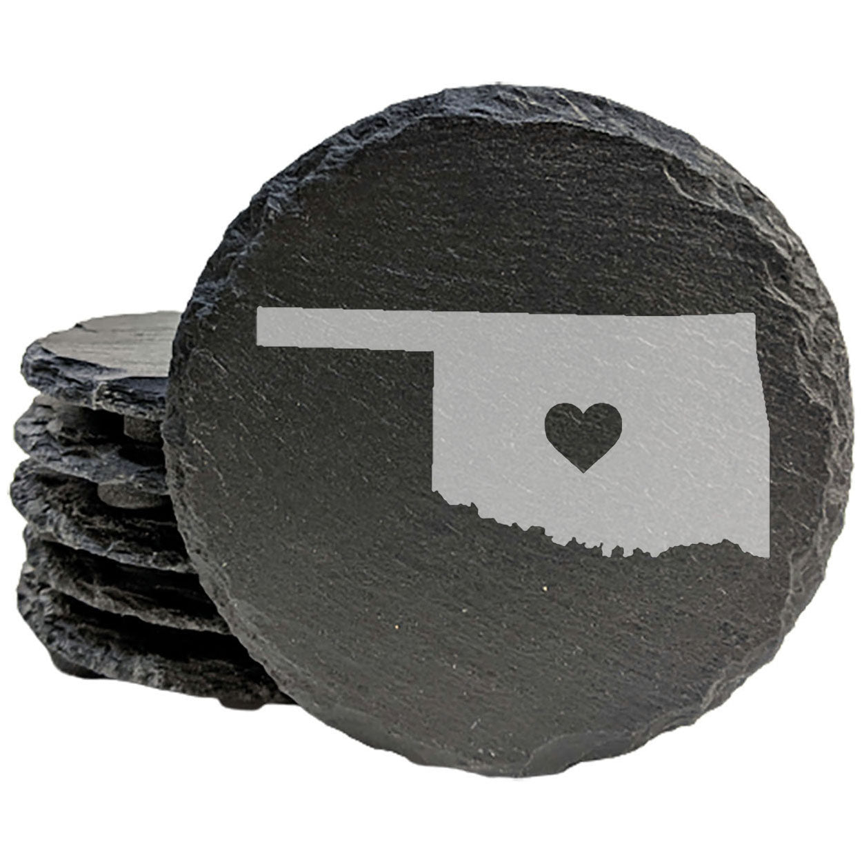 Rustic Slate Coasters Set of 4, Oklahoma Heart Design, 4" Round, Laser Etched, Natural Chipped Edge, Rubber Feet, , Perfect for Holidays, Birthdays, Housewarming, Made in USA