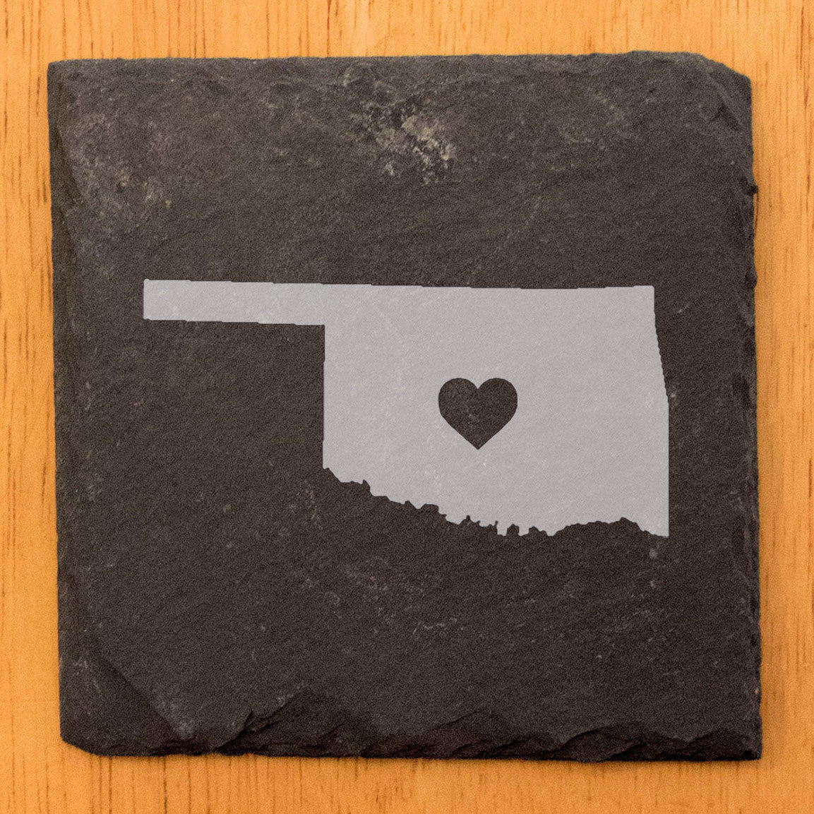 Rustic Slate Coasters Set of 4, Oklahoma Heart Design, 4" Round, Laser Etched, Natural Chipped Edge, Rubber Feet, , Perfect for Holidays, Birthdays, Housewarming, Made in USA